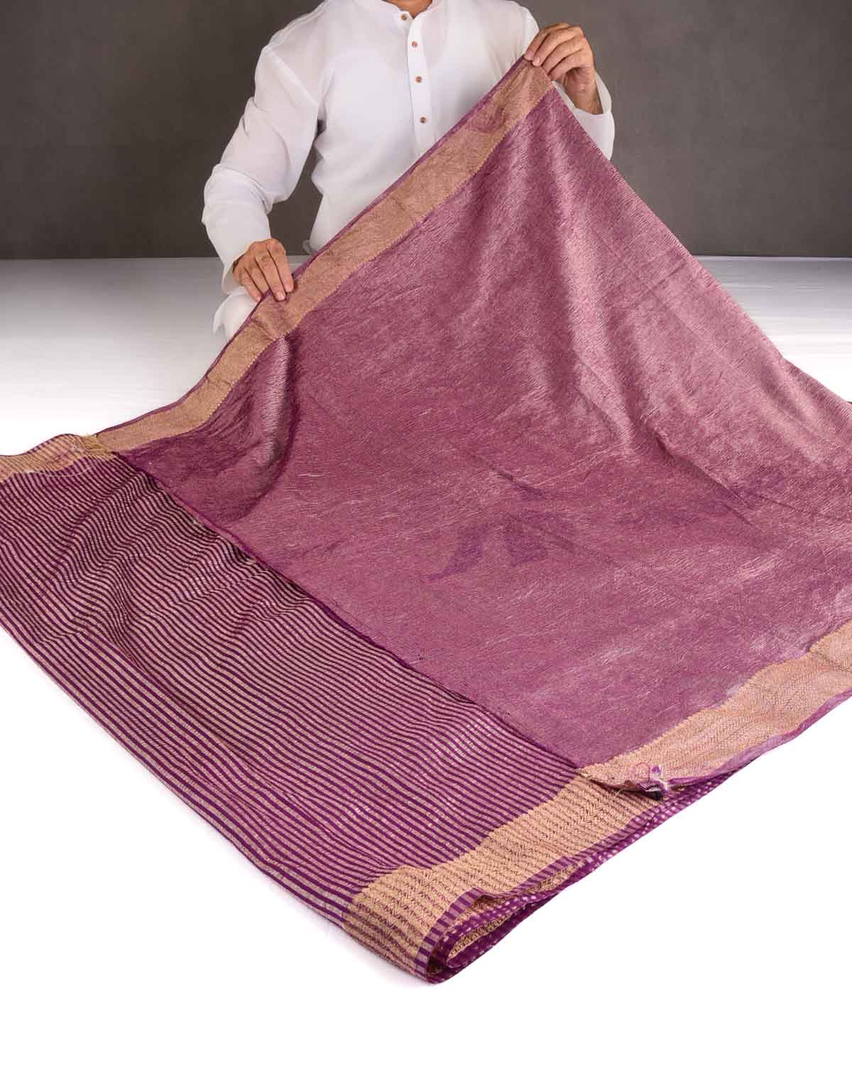 Purple Gold Zari Stripes Brocade Woven Muga Silk Banarasi Saree-HolyWeaves