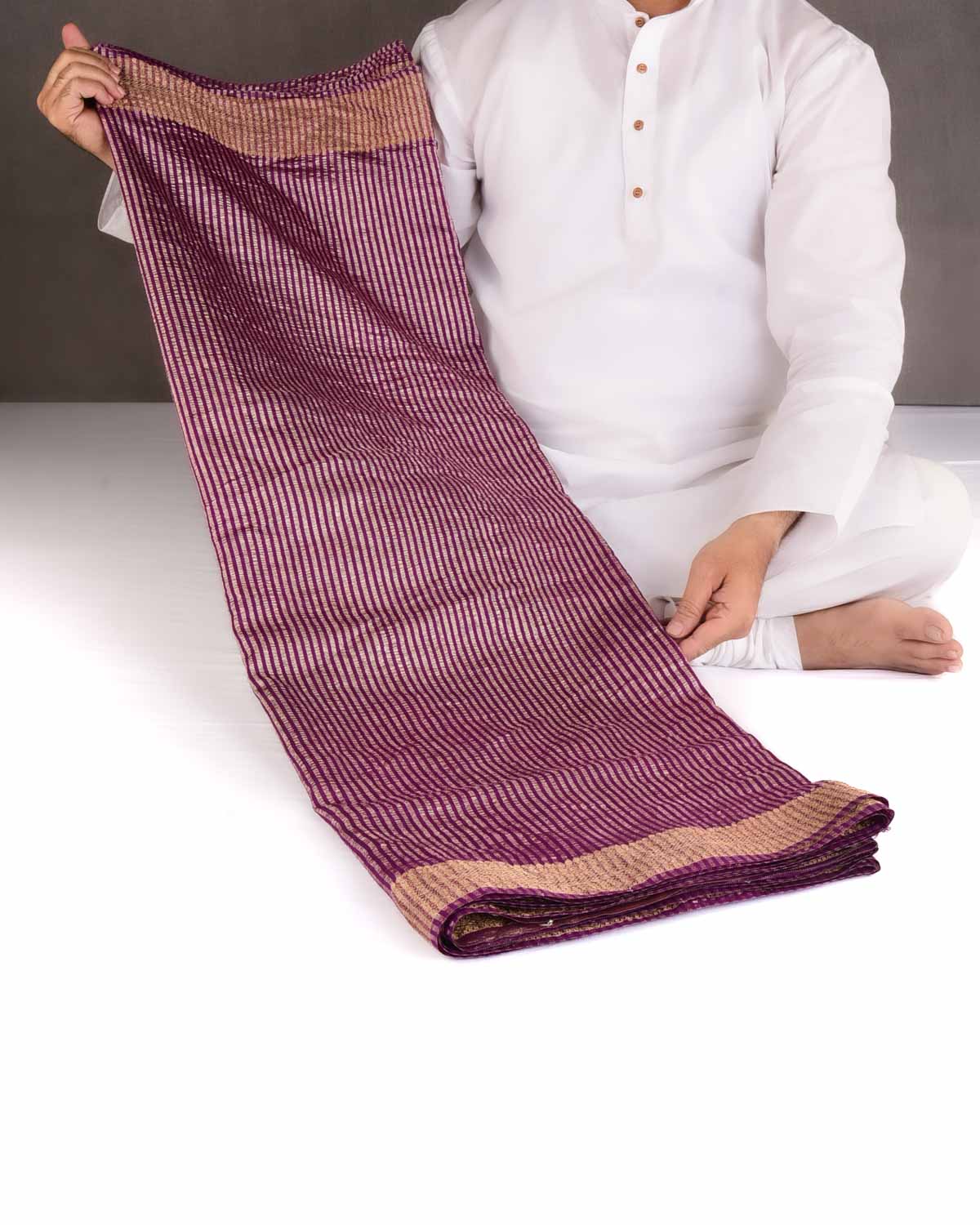 Purple Gold Zari Stripes Brocade Woven Muga Silk Banarasi Saree-HolyWeaves