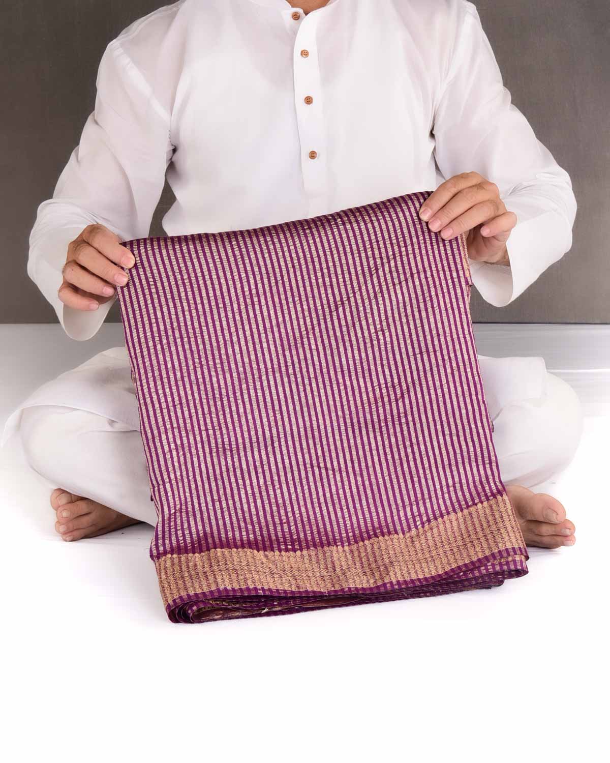 Purple Gold Zari Stripes Brocade Woven Muga Silk Banarasi Saree-HolyWeaves