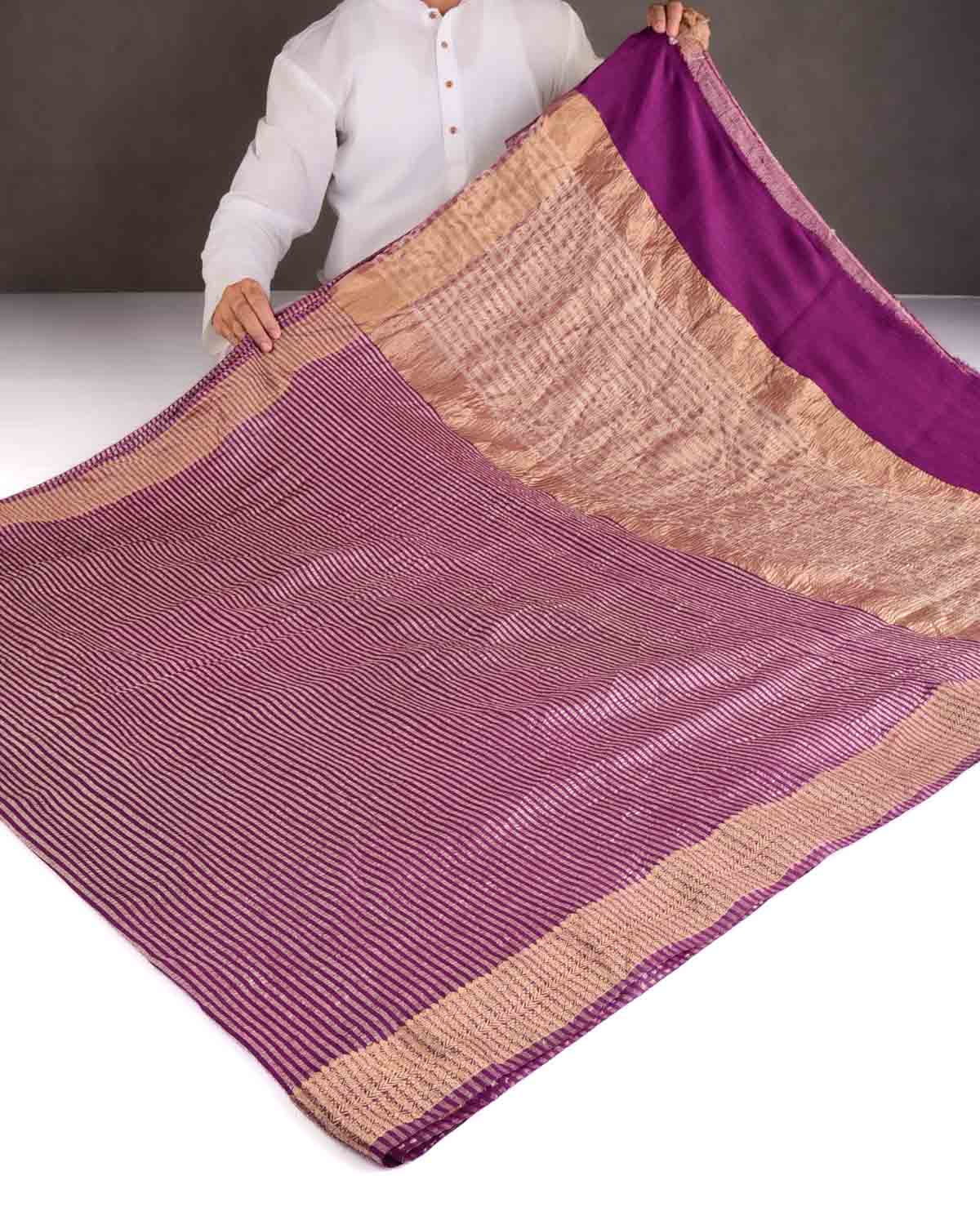 Purple Gold Zari Stripes Brocade Woven Muga Silk Banarasi Saree-HolyWeaves