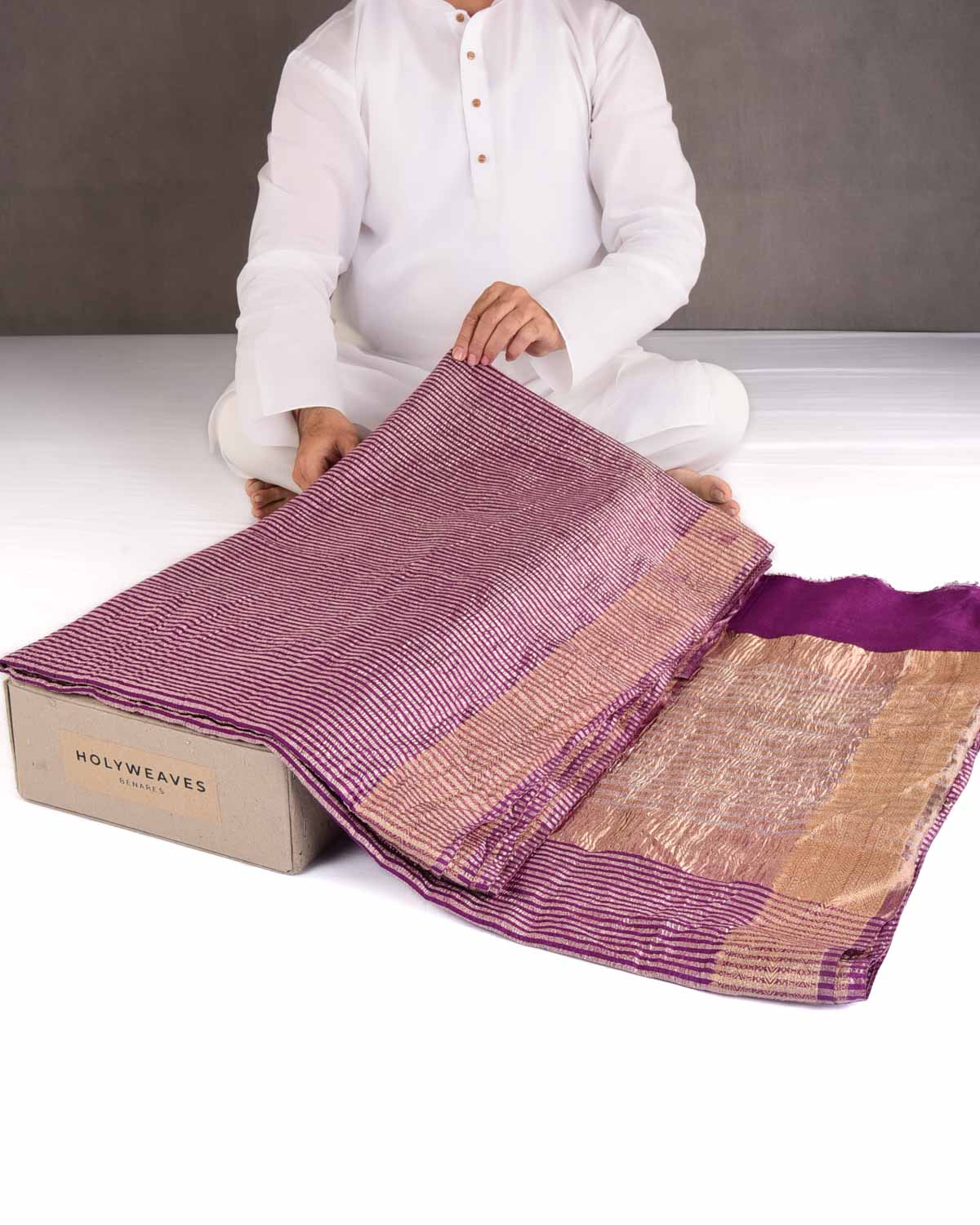 Purple Gold Zari Stripes Brocade Woven Muga Silk Banarasi Saree-HolyWeaves