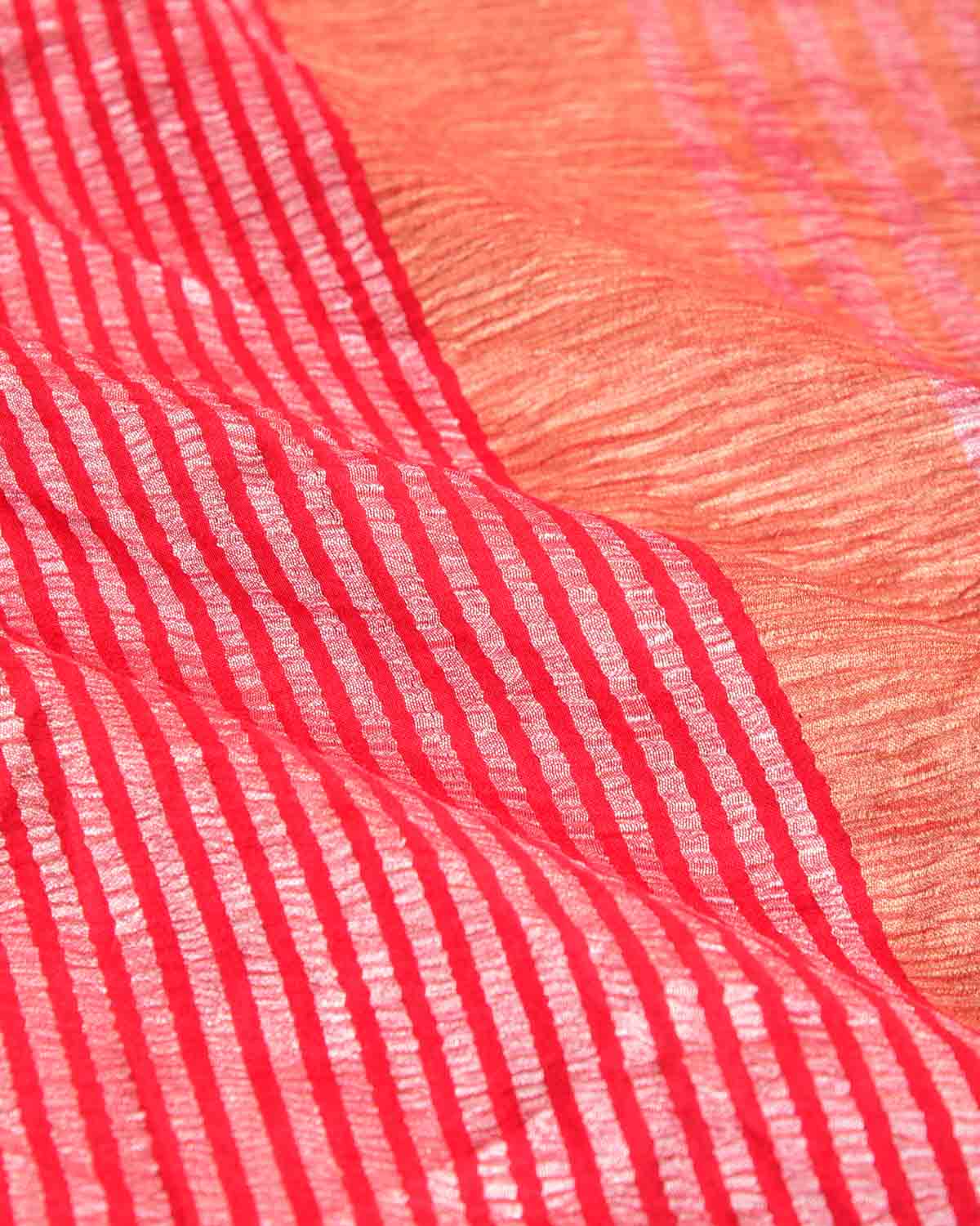 Red Silver Zari Stripes Brocade Woven Muga Silk Banarasi Saree-HolyWeaves