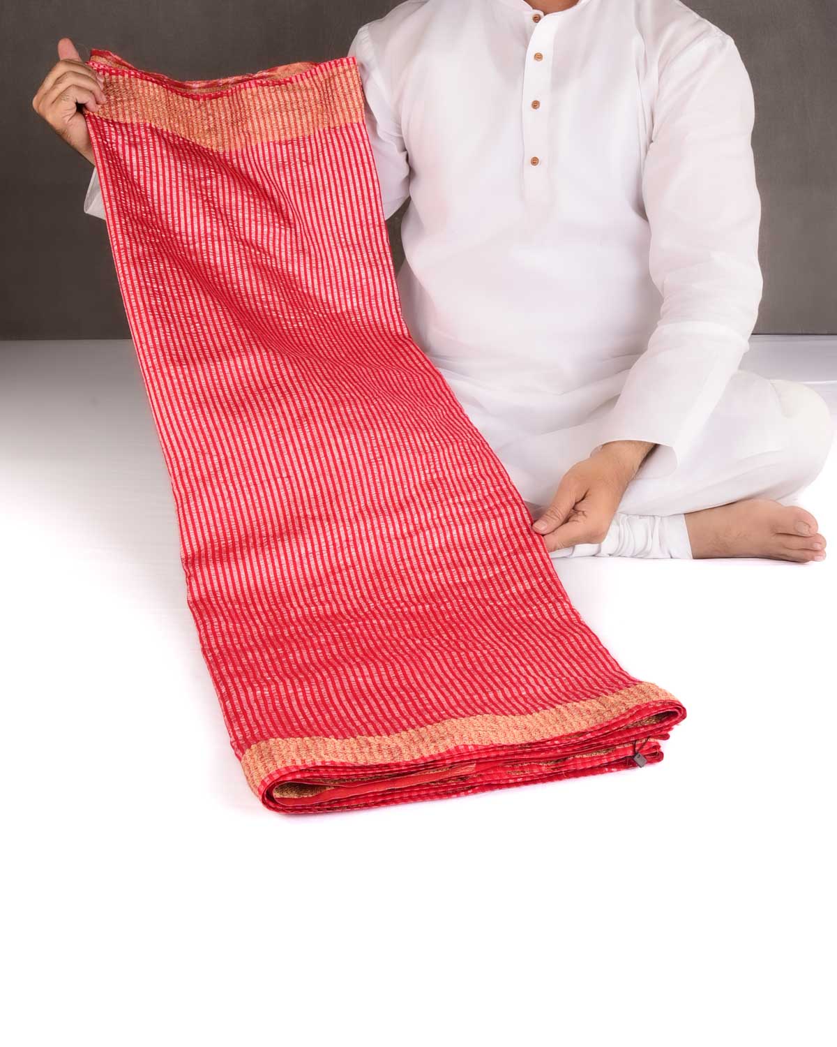 Red Silver Zari Stripes Brocade Woven Muga Silk Banarasi Saree-HolyWeaves