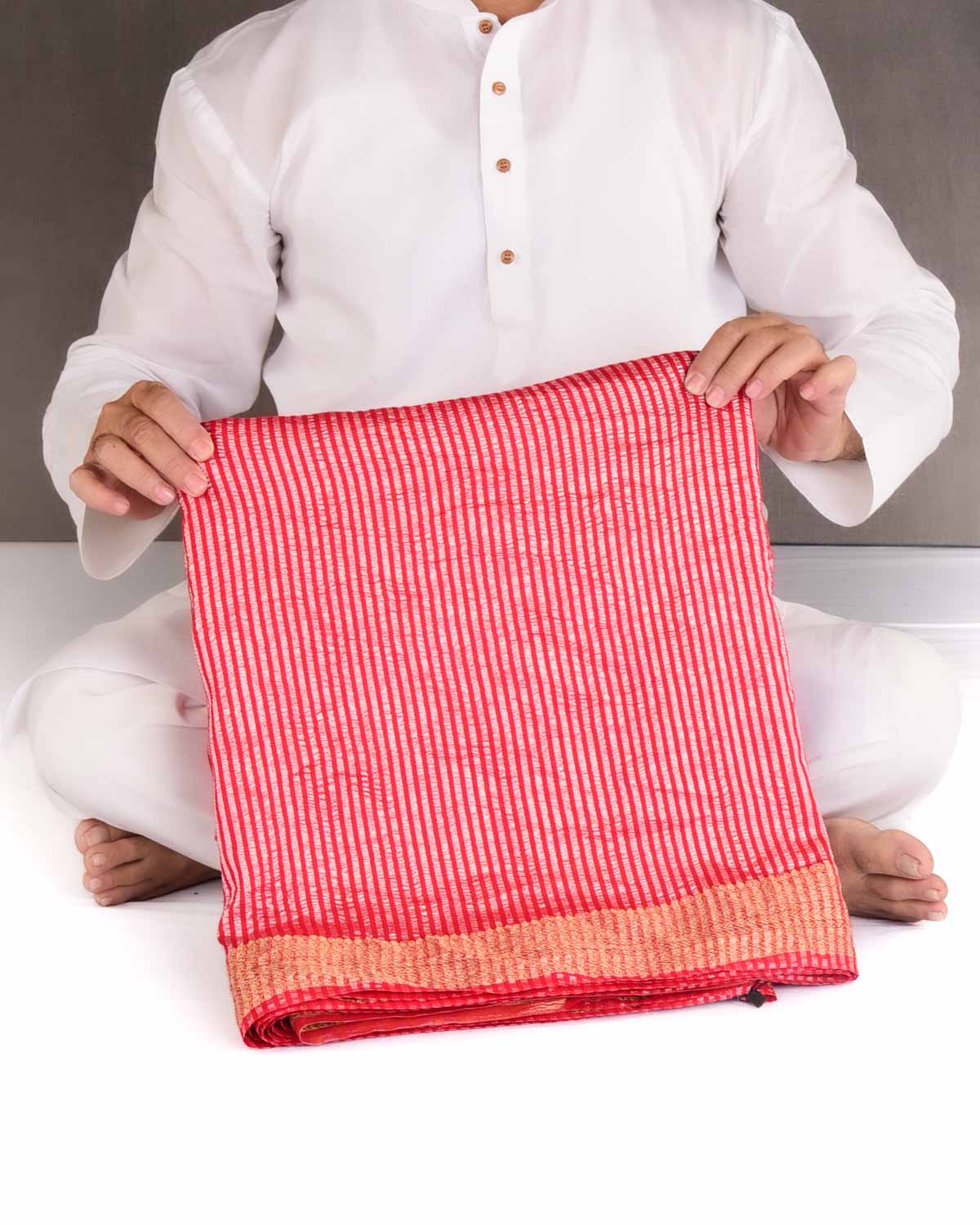 Red Silver Zari Stripes Brocade Woven Muga Silk Banarasi Saree-HolyWeaves
