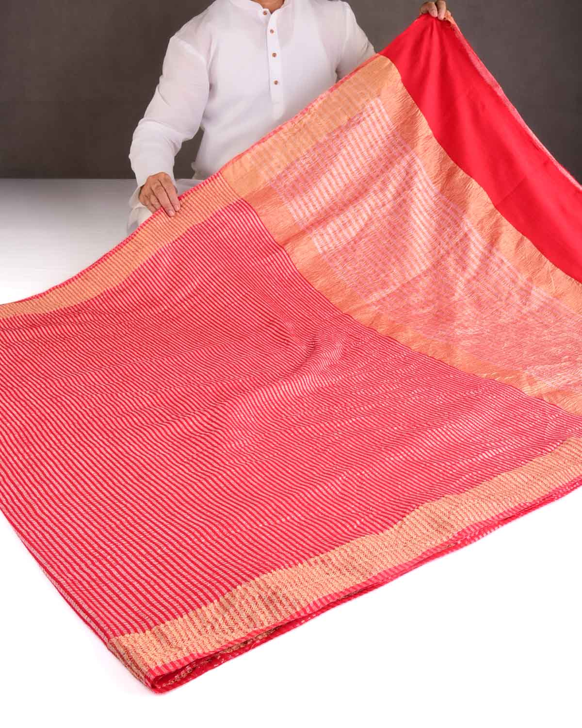Red Silver Zari Stripes Brocade Woven Muga Silk Banarasi Saree-HolyWeaves
