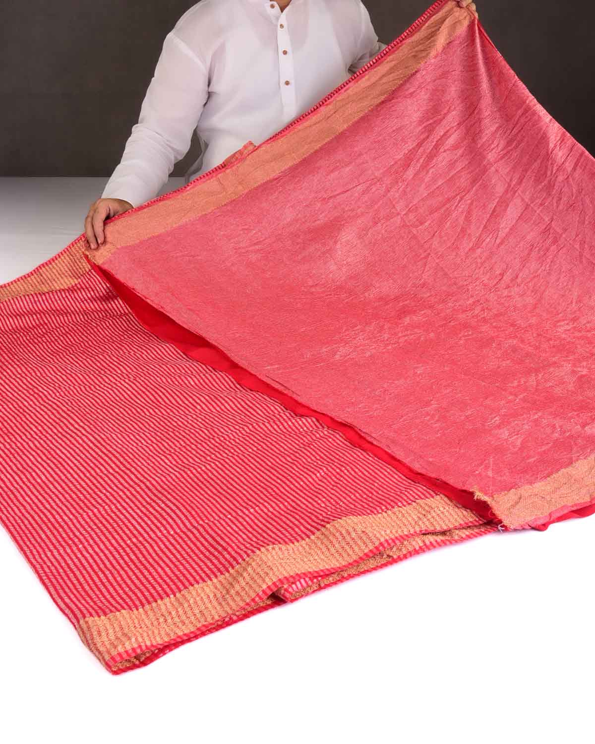 Red Silver Zari Stripes Brocade Woven Muga Silk Banarasi Saree-HolyWeaves