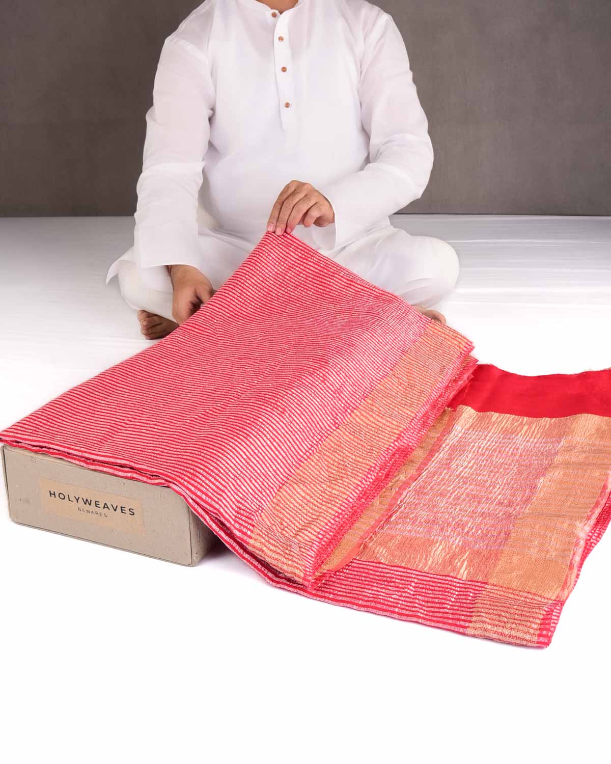 Red Silver Zari Stripes Brocade Woven Muga Silk Banarasi Saree-HolyWeaves