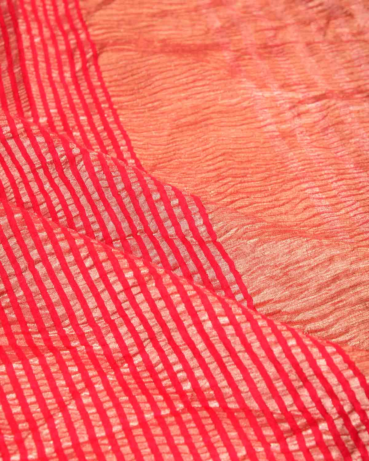 Red Gold Zari Stripes Brocade Woven Muga Silk Banarasi Saree-HolyWeaves
