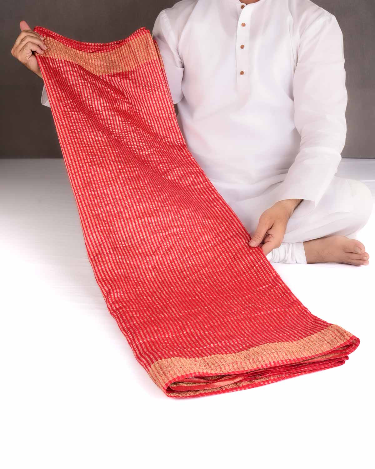 Red Gold Zari Stripes Brocade Woven Muga Silk Banarasi Saree-HolyWeaves