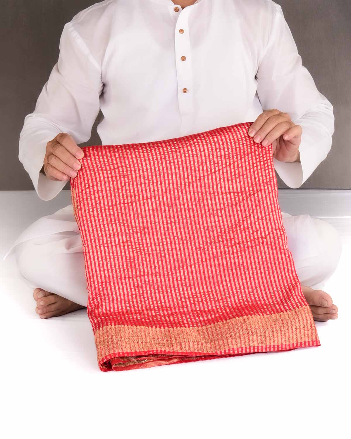 Red Gold Zari Stripes Brocade Woven Muga Silk Banarasi Saree-HolyWeaves