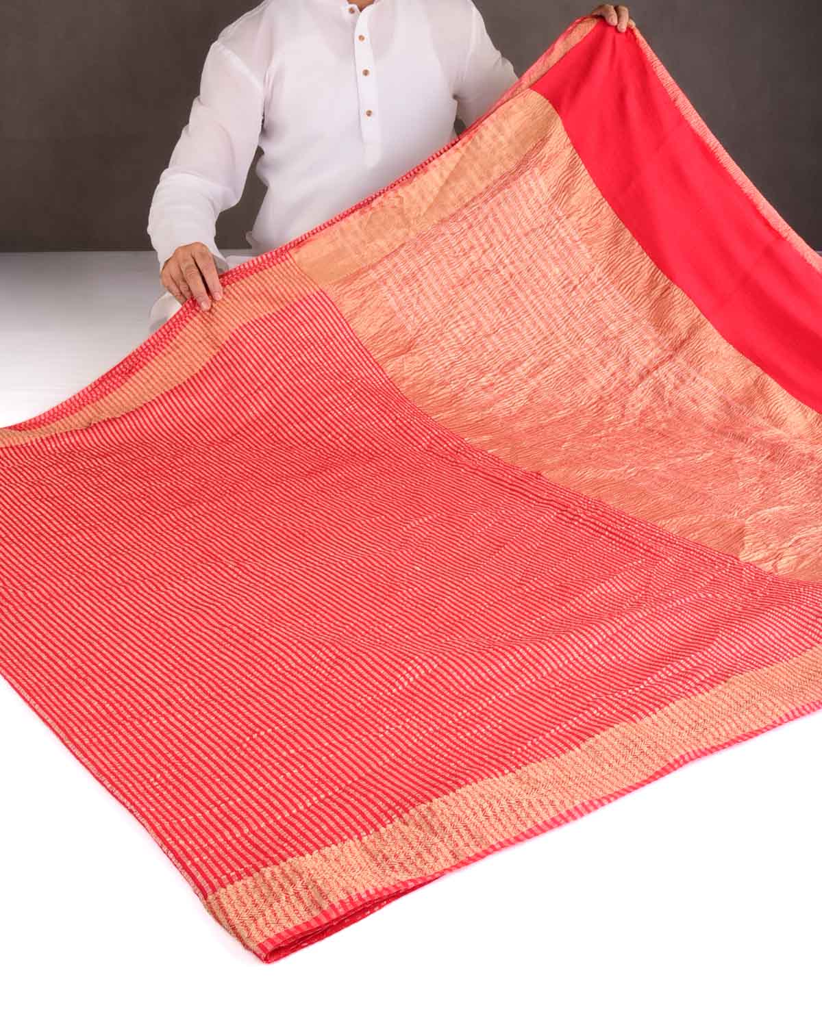 Red Gold Zari Stripes Brocade Woven Muga Silk Banarasi Saree-HolyWeaves