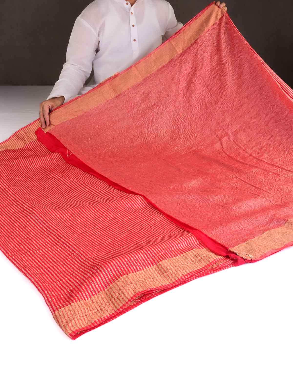Red Gold Zari Stripes Brocade Woven Muga Silk Banarasi Saree-HolyWeaves
