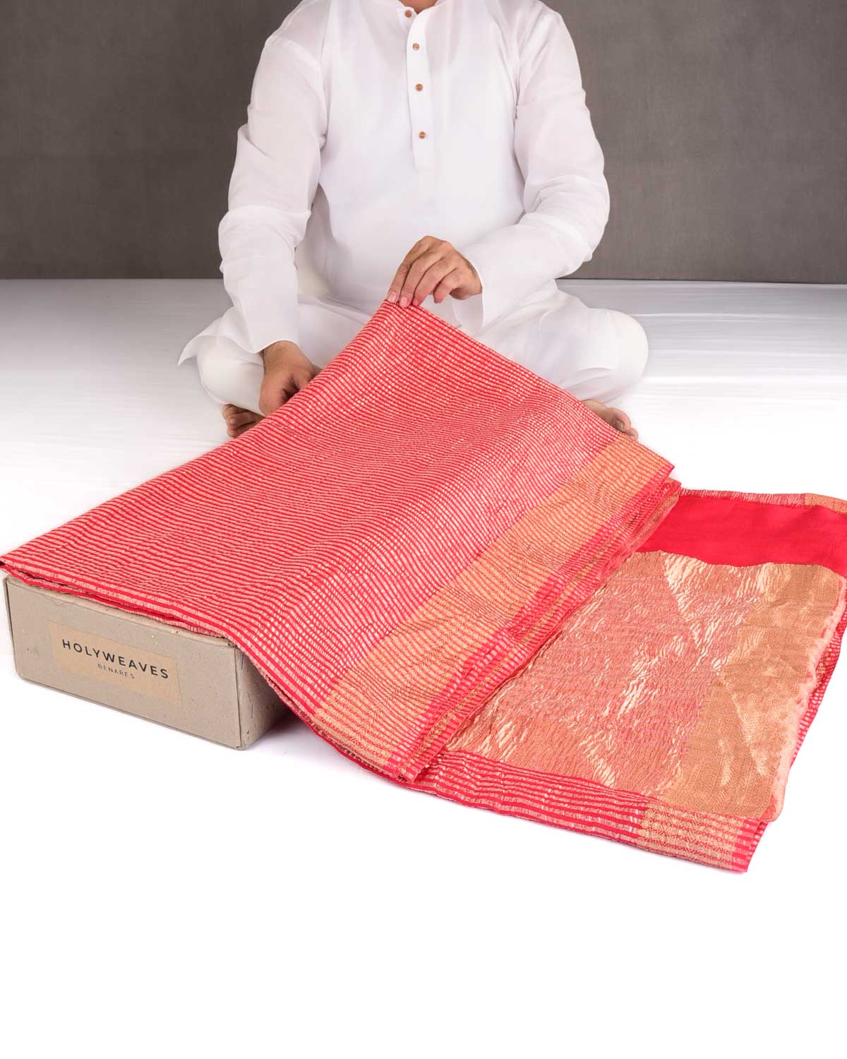 Red Gold Zari Stripes Brocade Woven Muga Silk Banarasi Saree-HolyWeaves