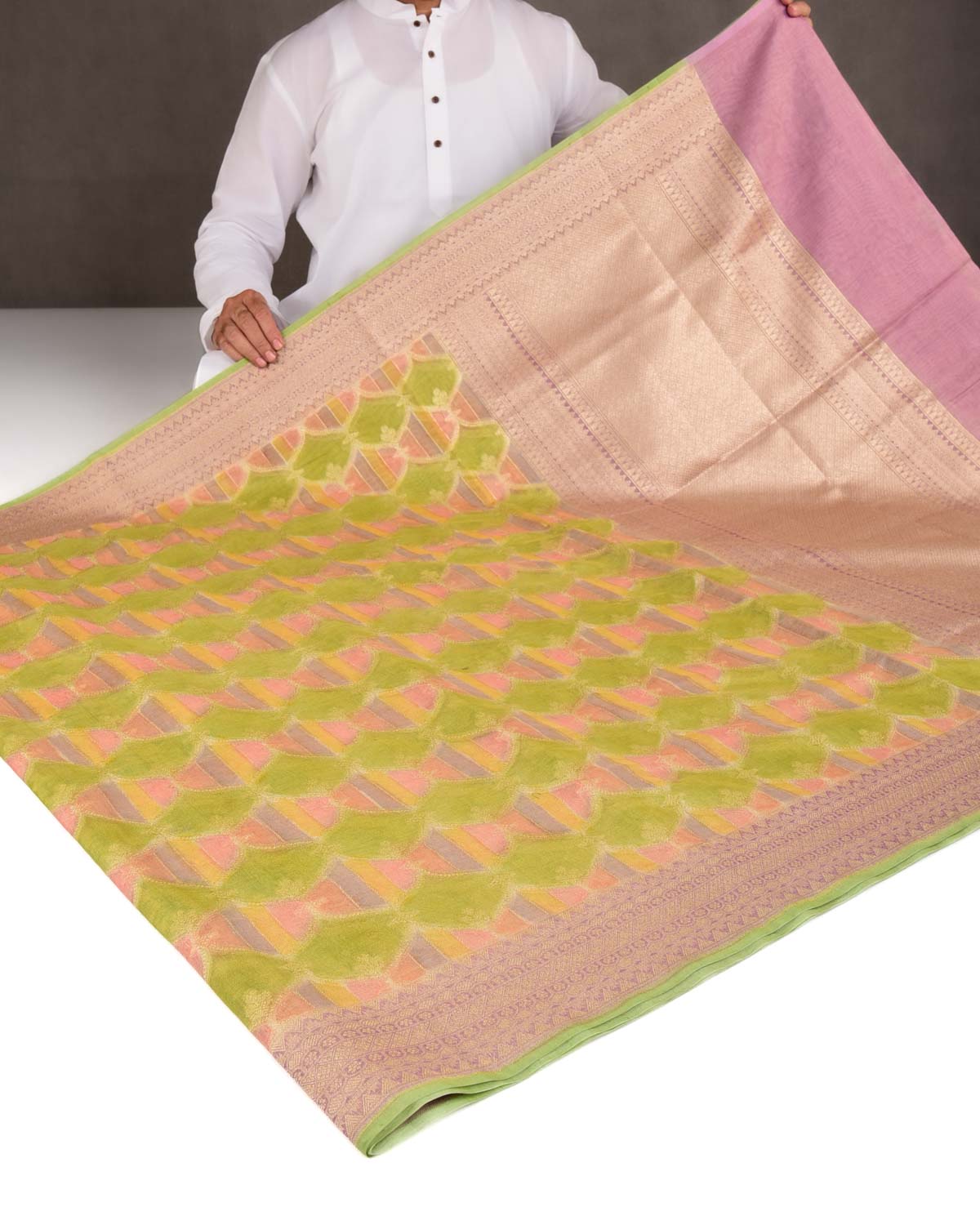 Green Multi-color Hand Brush Dye Gold Zari Cutwork Brocade Woven Cotton Tissue Banarasi Saree-HolyWeaves