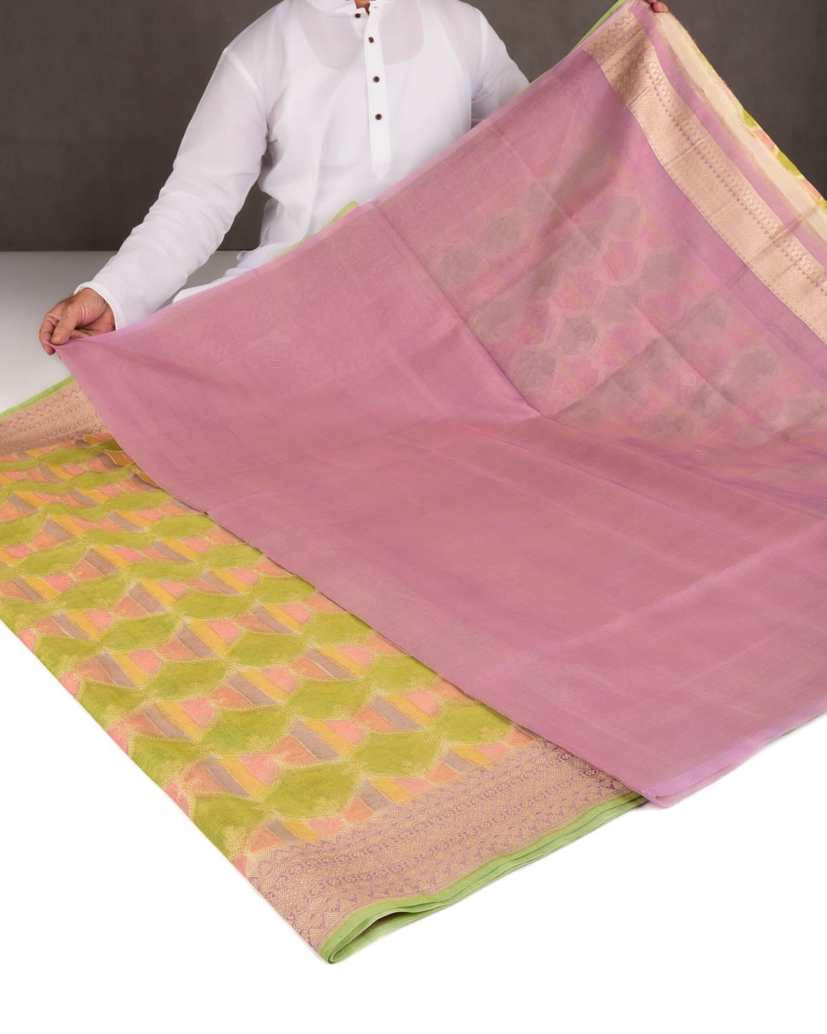 Green Multi-color Hand Brush Dye Gold Zari Cutwork Brocade Woven Cotton Tissue Banarasi Saree-HolyWeaves