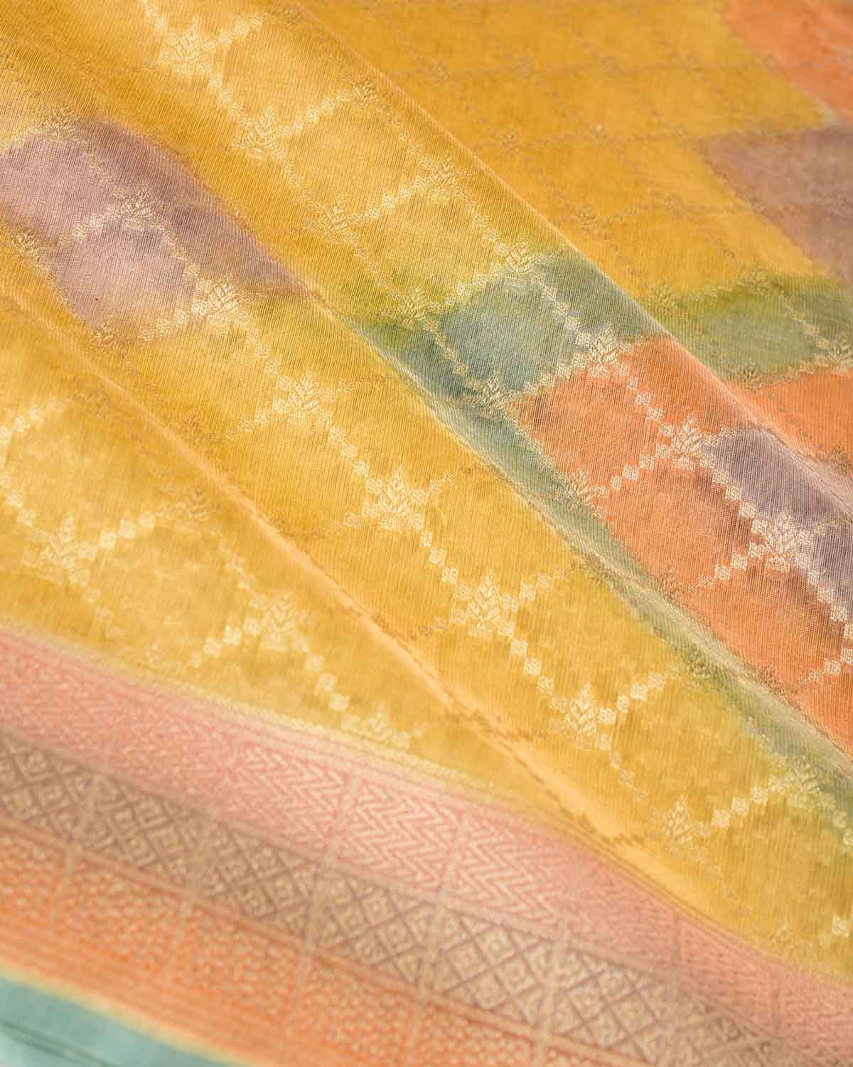 Yellow Multi-color Hand Brush Dye Gold Zari Cutwork Brocade Woven Cotton Tissue Banarasi Saree-HolyWeaves