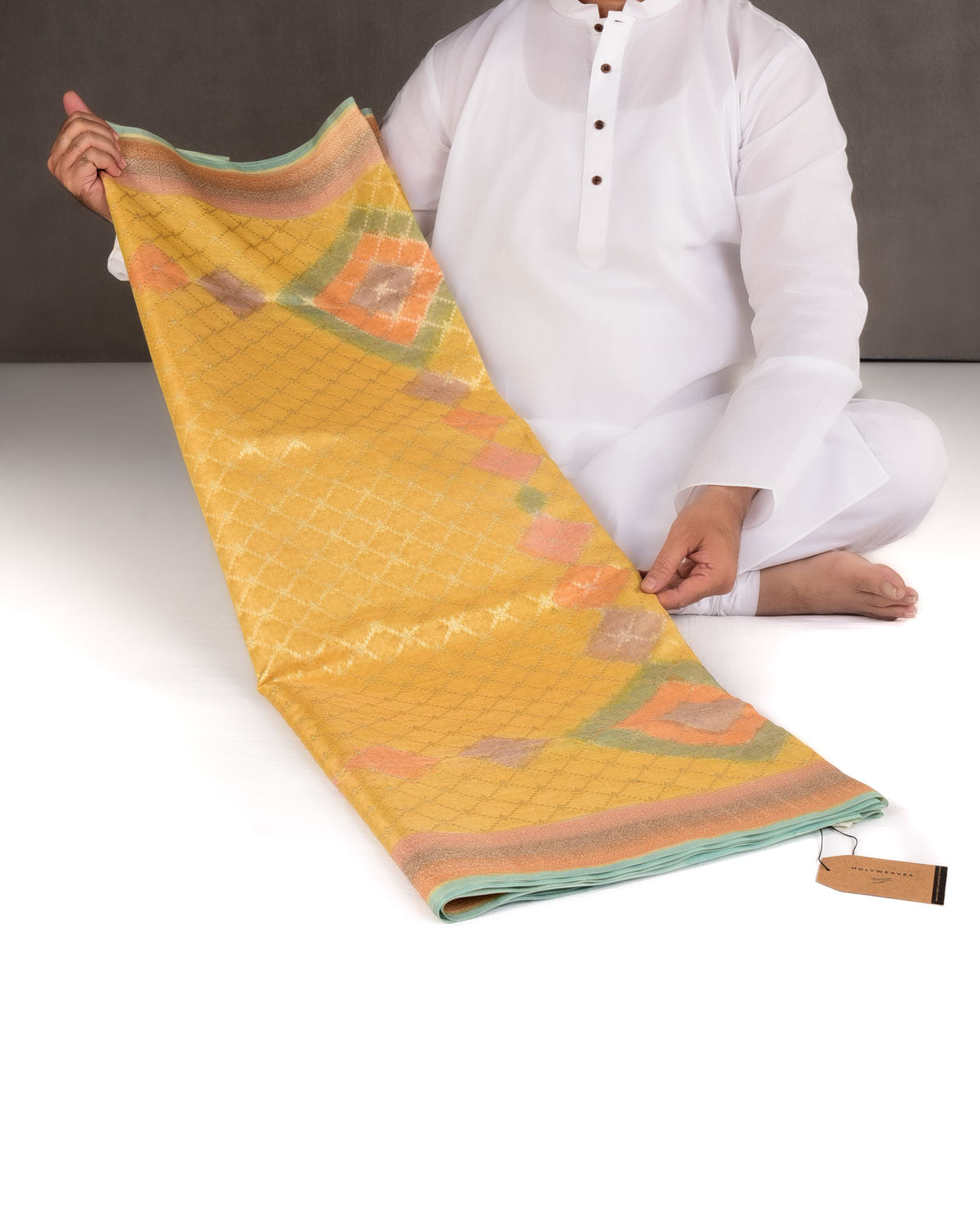 Yellow Multi-color Hand Brush Dye Gold Zari Cutwork Brocade Woven Cotton Tissue Banarasi Saree-HolyWeaves