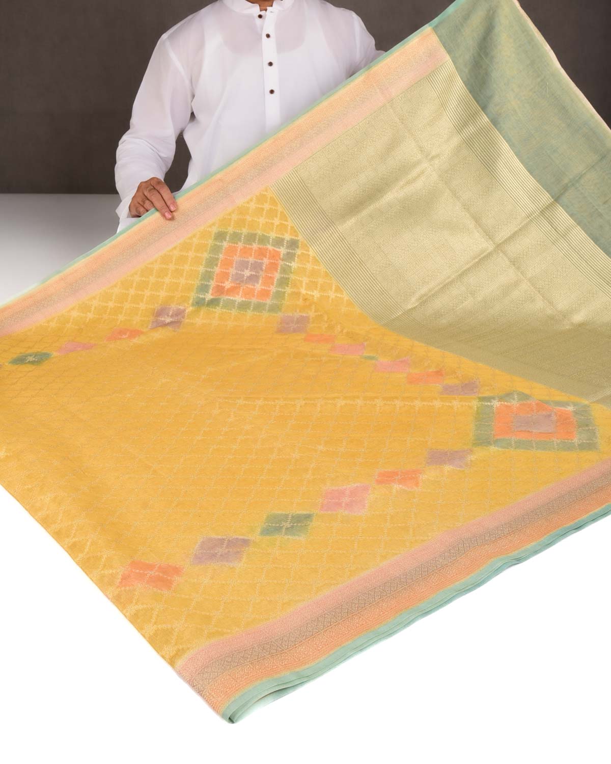 Yellow Multi-color Hand Brush Dye Gold Zari Cutwork Brocade Woven Cotton Tissue Banarasi Saree-HolyWeaves