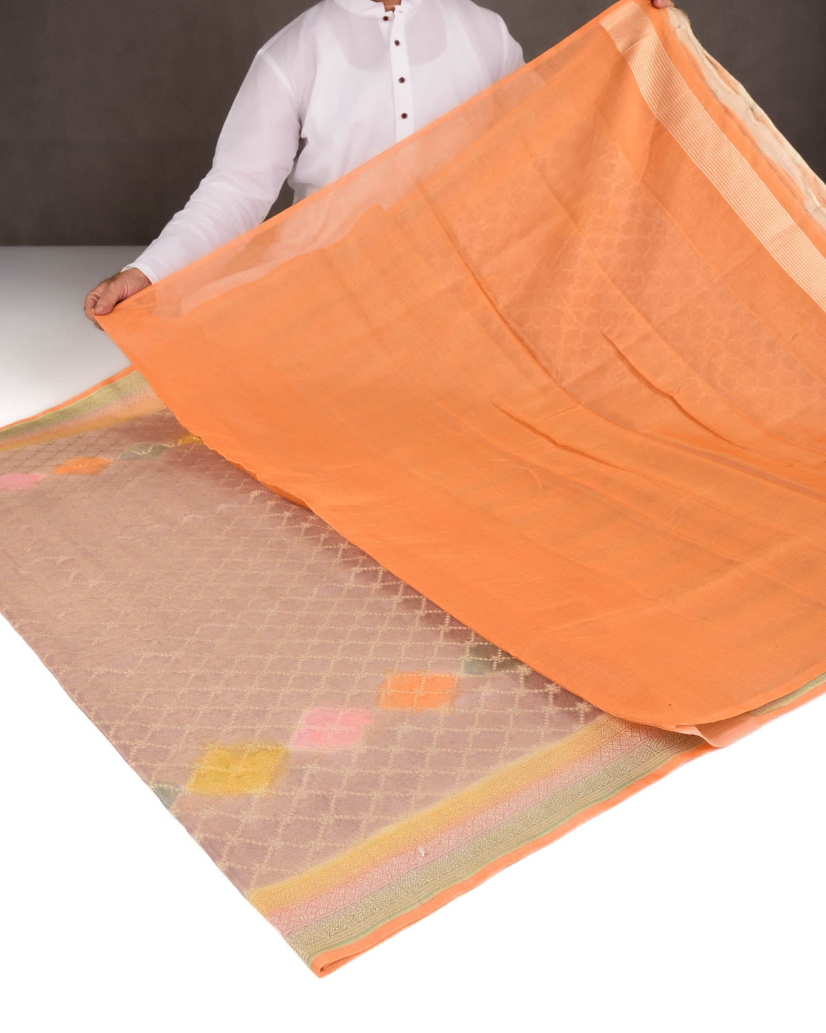 Mauve Multi-color Hand Brush Dye Gold Zari Cutwork Brocade Woven Cotton Tissue Banarasi Saree-HolyWeaves