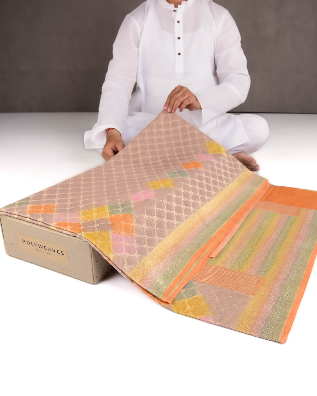 Mauve Multi-color Hand Brush Dye Gold Zari Cutwork Brocade Woven Cotton Tissue Banarasi Saree-HolyWeaves