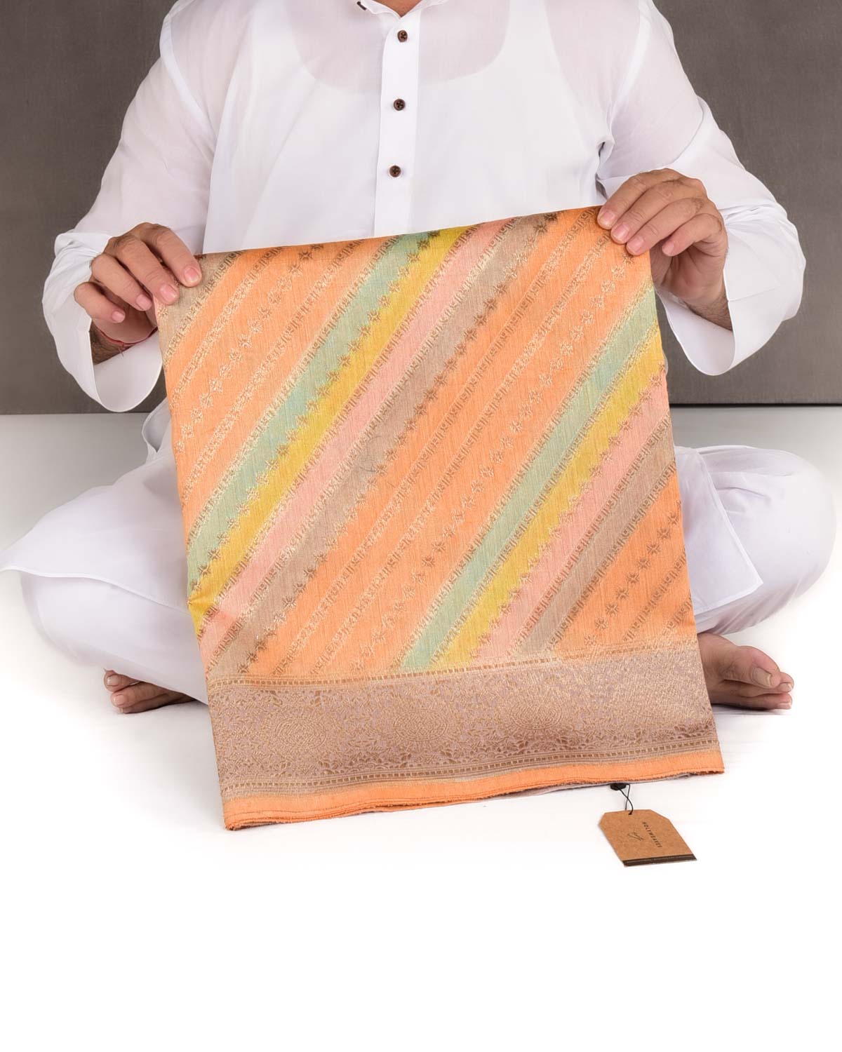 Orange Multi-color Hand Brush Dye Antique Zari Cutwork Brocade Woven Muga Silk Banarasi Saree