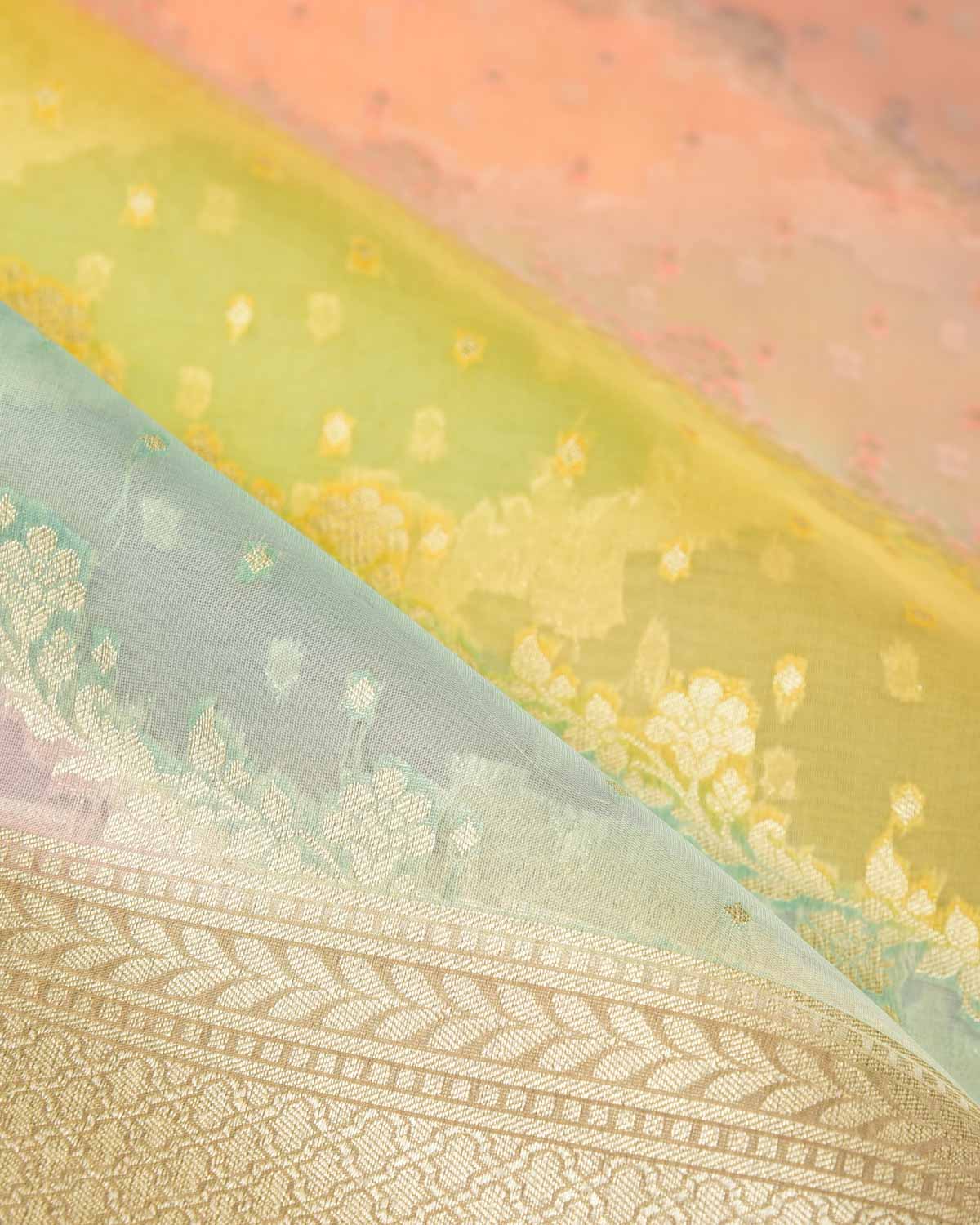 Multi-color Hand Brush Dye Gold Zari Diagonal Floral Cutwork Brocade Woven Kora Silk Banarasi Saree-HolyWeaves