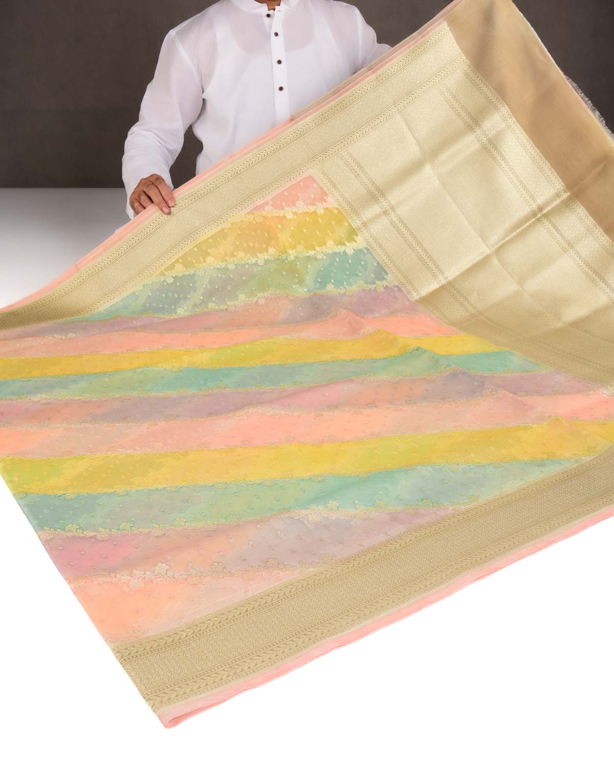 Multi-color Hand Brush Dye Gold Zari Diagonal Floral Cutwork Brocade Woven Kora Silk Banarasi Saree-HolyWeaves