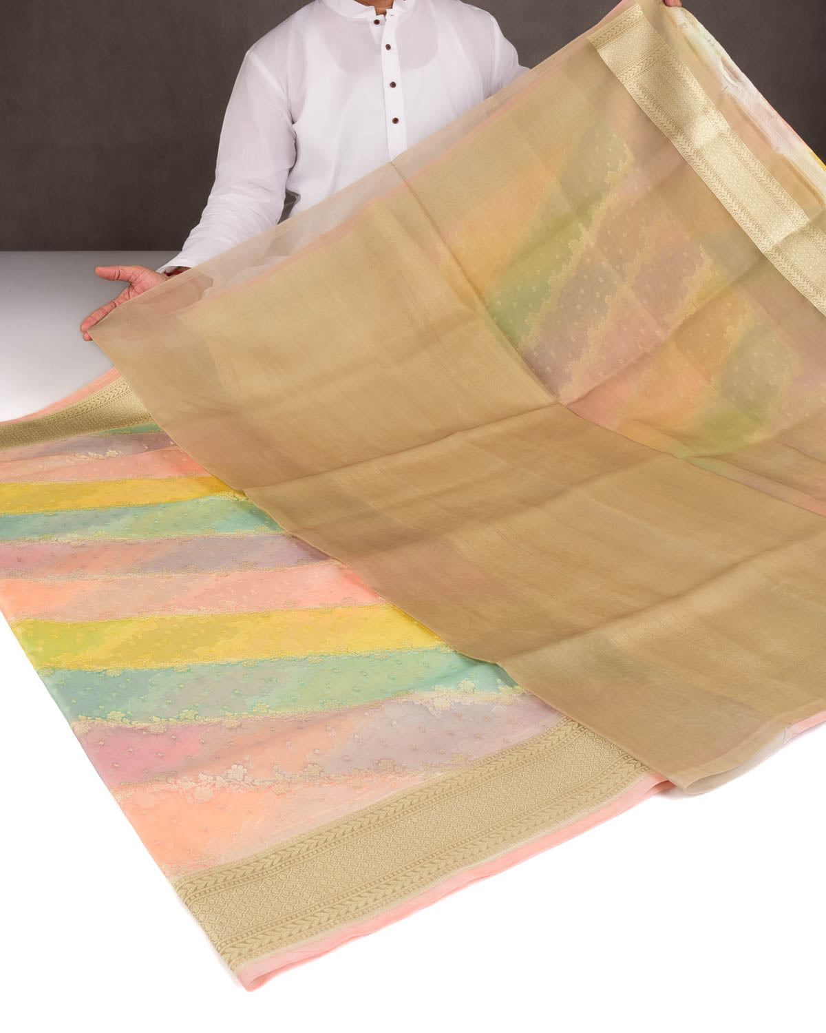 Multi-color Hand Brush Dye Gold Zari Diagonal Floral Cutwork Brocade Woven Kora Silk Banarasi Saree-HolyWeaves