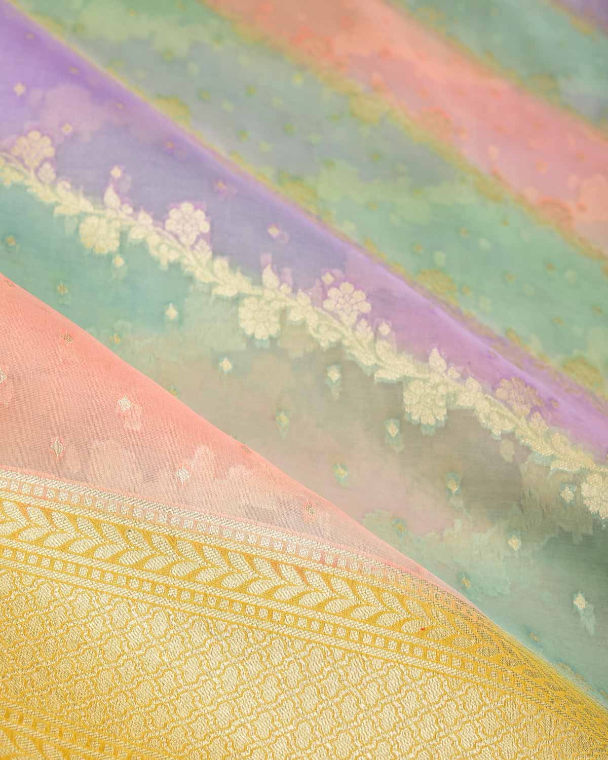 Multi-color Hand Brush Dye Gold Zari Diagonal Floral Cutwork Brocade Woven Kora Silk Banarasi Saree-HolyWeaves