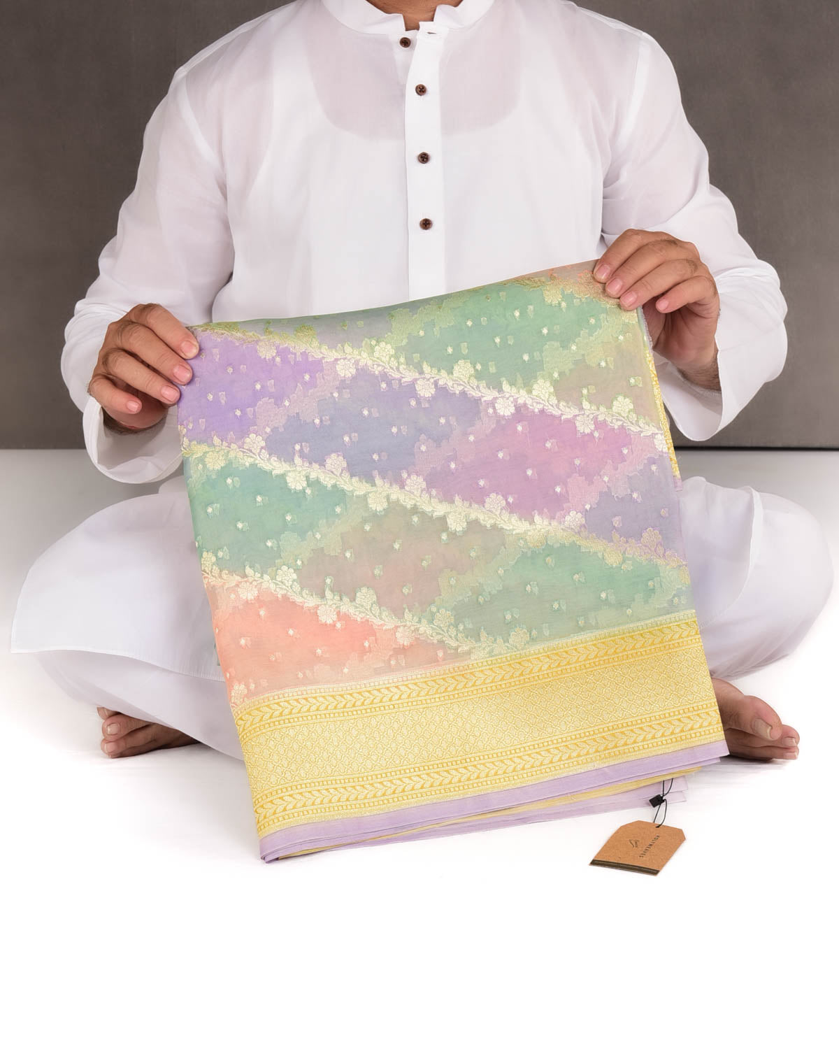 Multi-color Hand Brush Dye Gold Zari Diagonal Floral Cutwork Brocade Woven Kora Silk Banarasi Saree