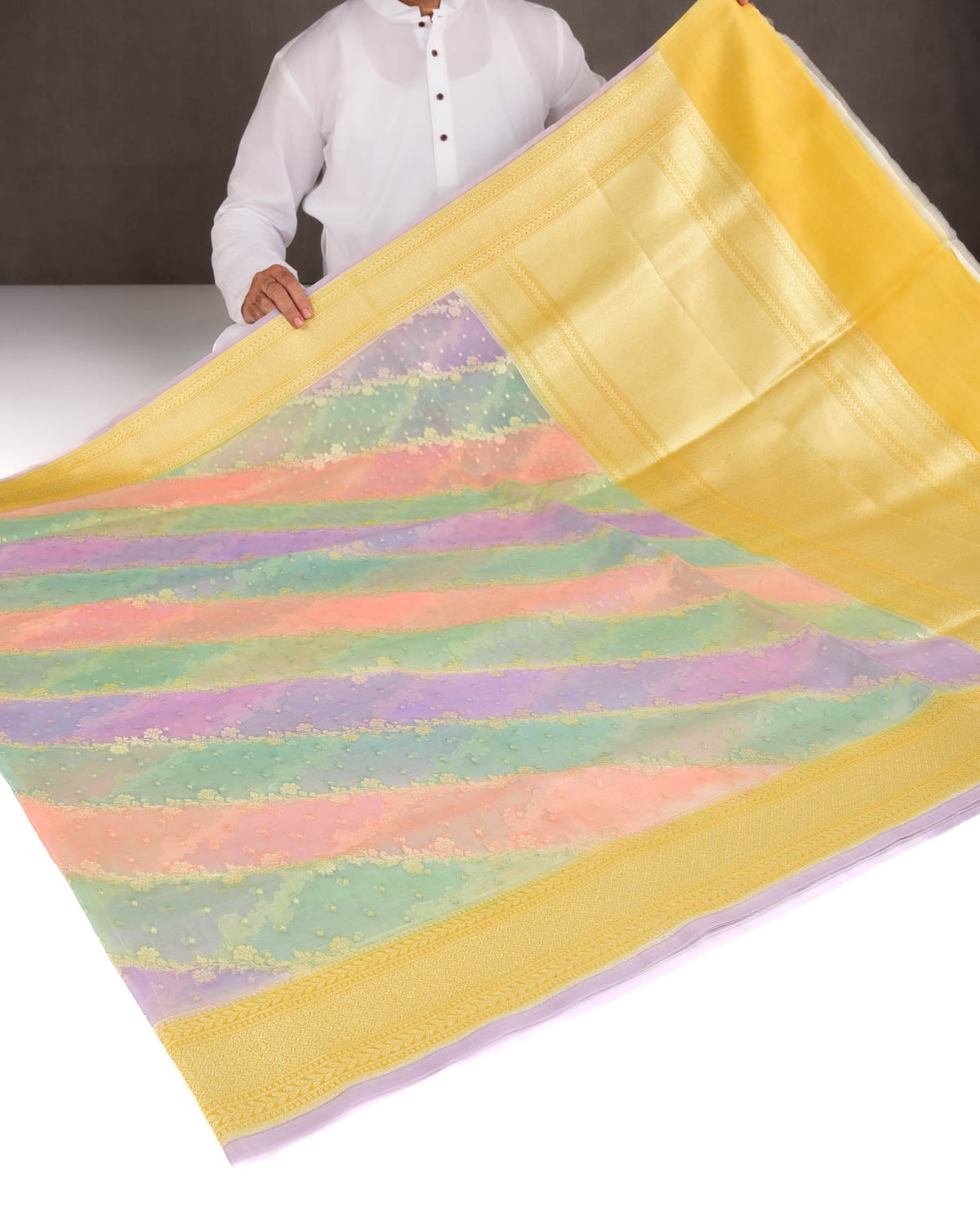 Multi-color Hand Brush Dye Gold Zari Diagonal Floral Cutwork Brocade Woven Kora Silk Banarasi Saree-HolyWeaves