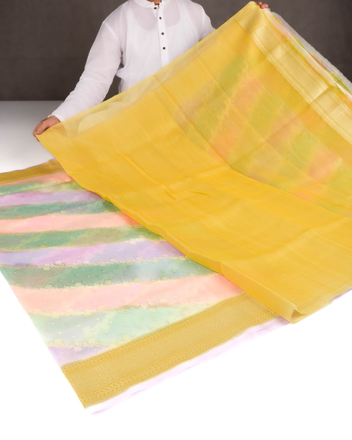 Multi-color Hand Brush Dye Gold Zari Diagonal Floral Cutwork Brocade Woven Kora Silk Banarasi Saree-HolyWeaves