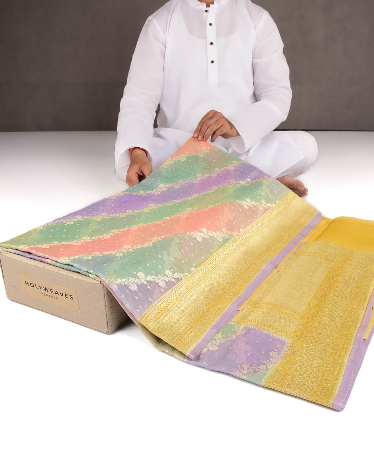 Multi-color Hand Brush Dye Gold Zari Diagonal Floral Cutwork Brocade Woven Kora Silk Banarasi Saree