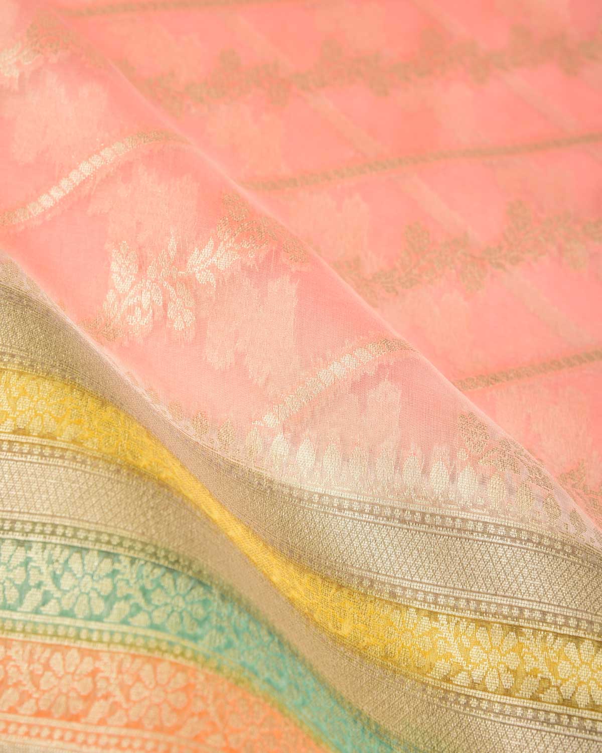 Peach Hand Brush Dye Gold Zari Diagonal Floral Cutwork Brocade Woven Kora Silk Banarasi Saree-HolyWeaves