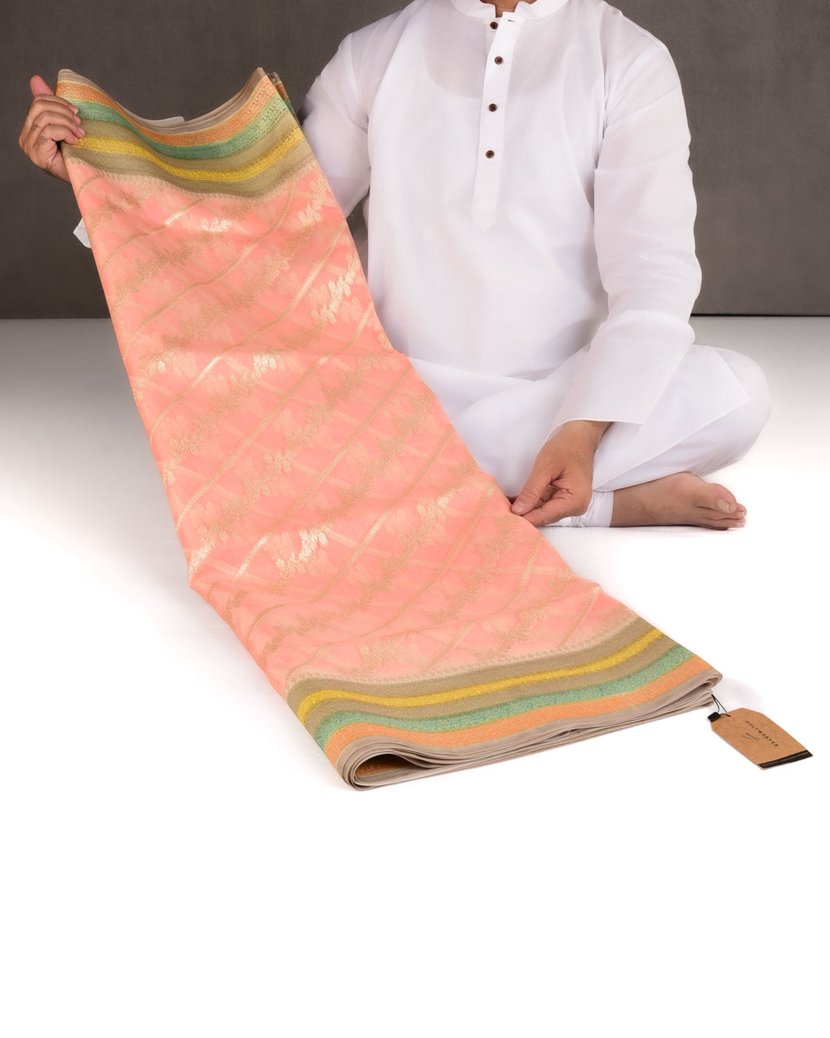 Peach Hand Brush Dye Gold Zari Diagonal Floral Cutwork Brocade Woven Kora Silk Banarasi Saree-HolyWeaves