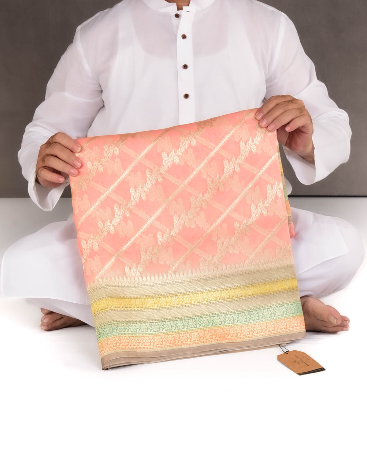 Peach Hand Brush Dye Gold Zari Diagonal Floral Cutwork Brocade Woven Kora Silk Banarasi Saree