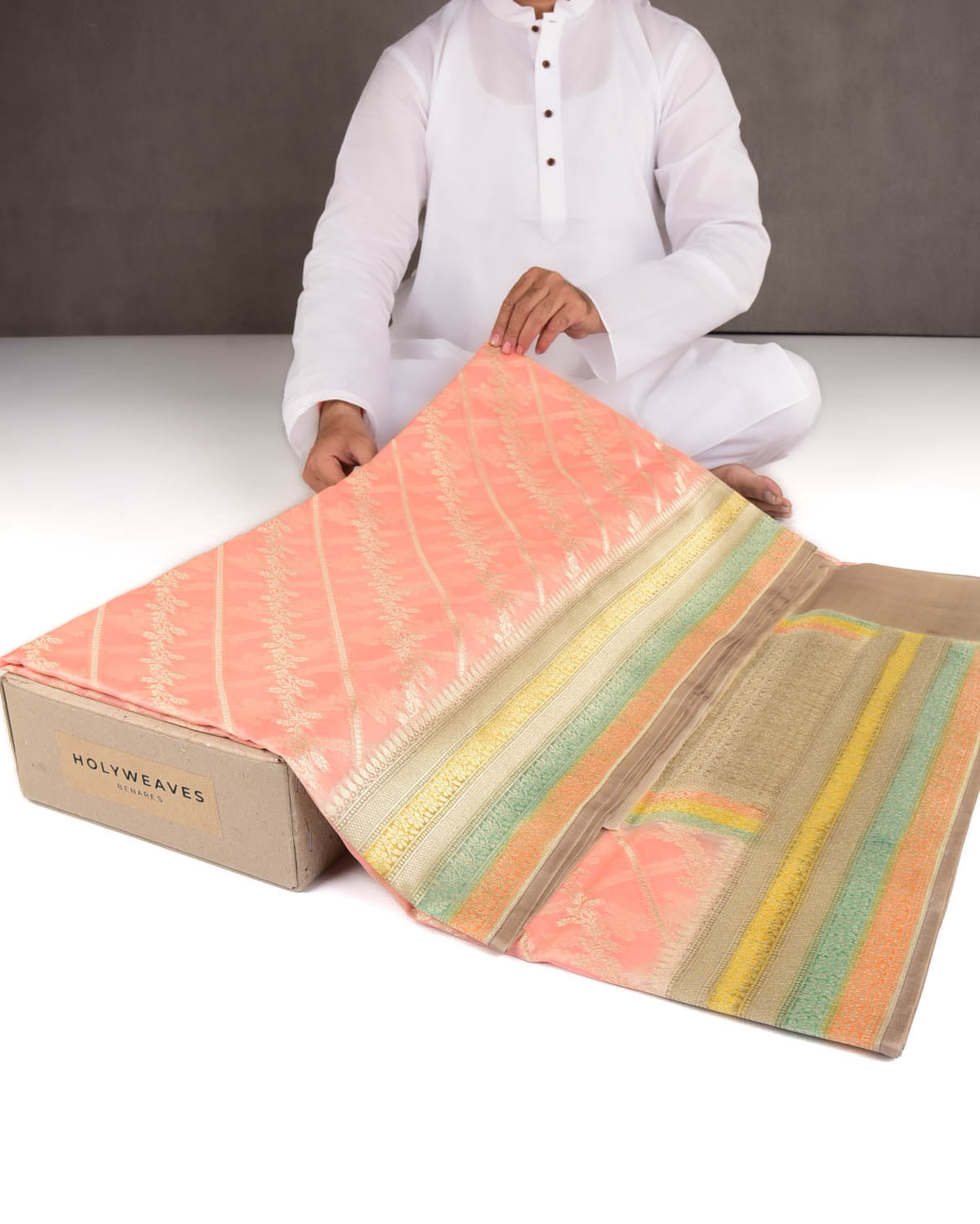 Peach Hand Brush Dye Gold Zari Diagonal Floral Cutwork Brocade Woven Kora Silk Banarasi Saree-HolyWeaves