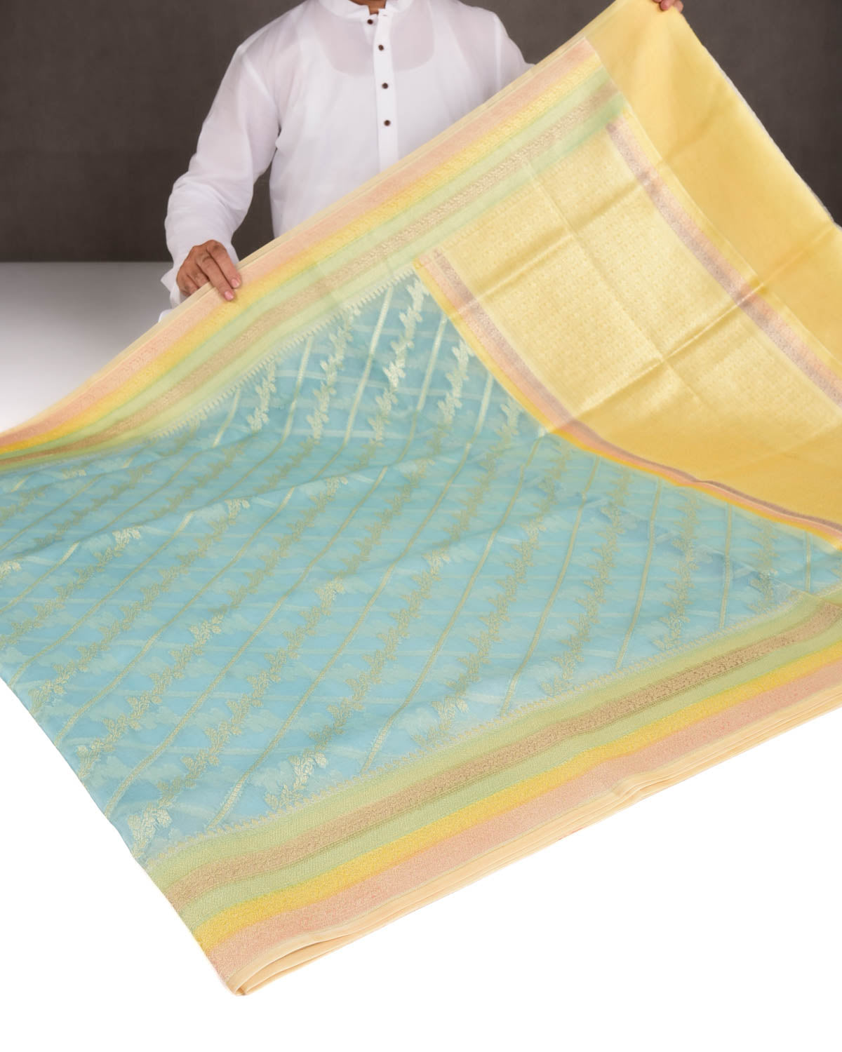 Blue Hand Brush Dye Gold Zari Diagonal Floral Cutwork Brocade Woven Kora Silk Banarasi Saree-HolyWeaves