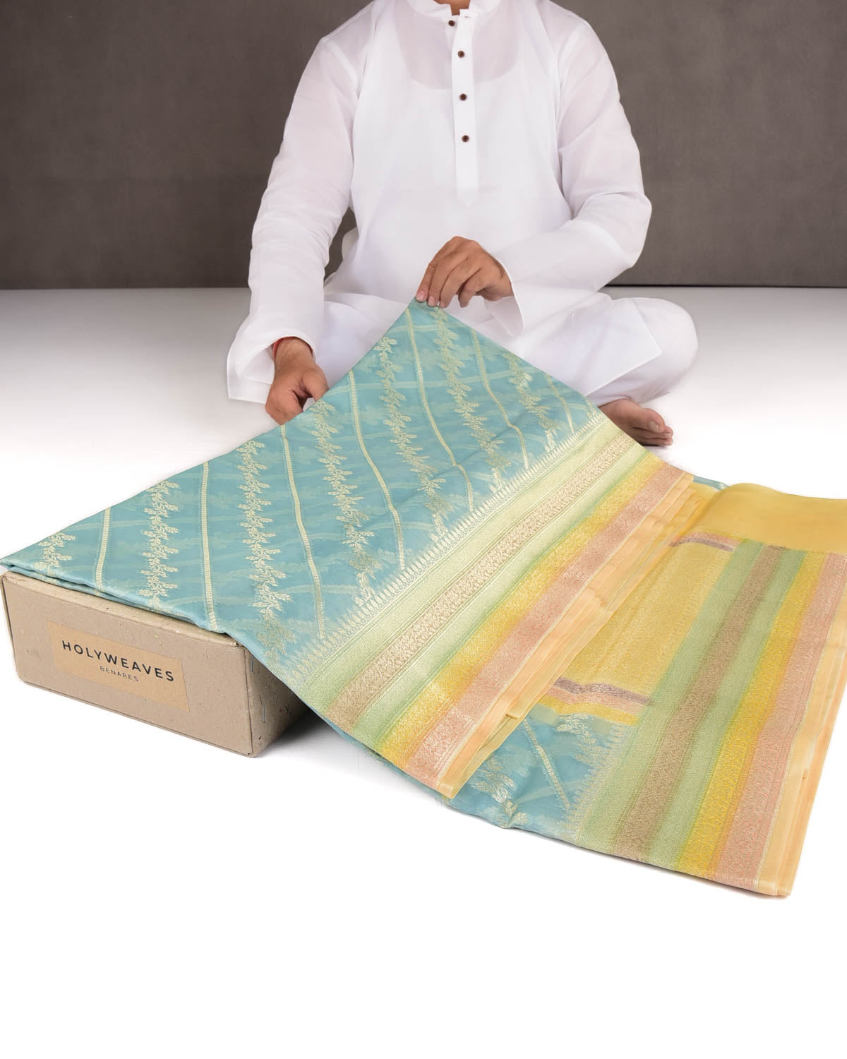 Blue Hand Brush Dye Gold Zari Diagonal Floral Cutwork Brocade Woven Kora Silk Banarasi Saree-HolyWeaves