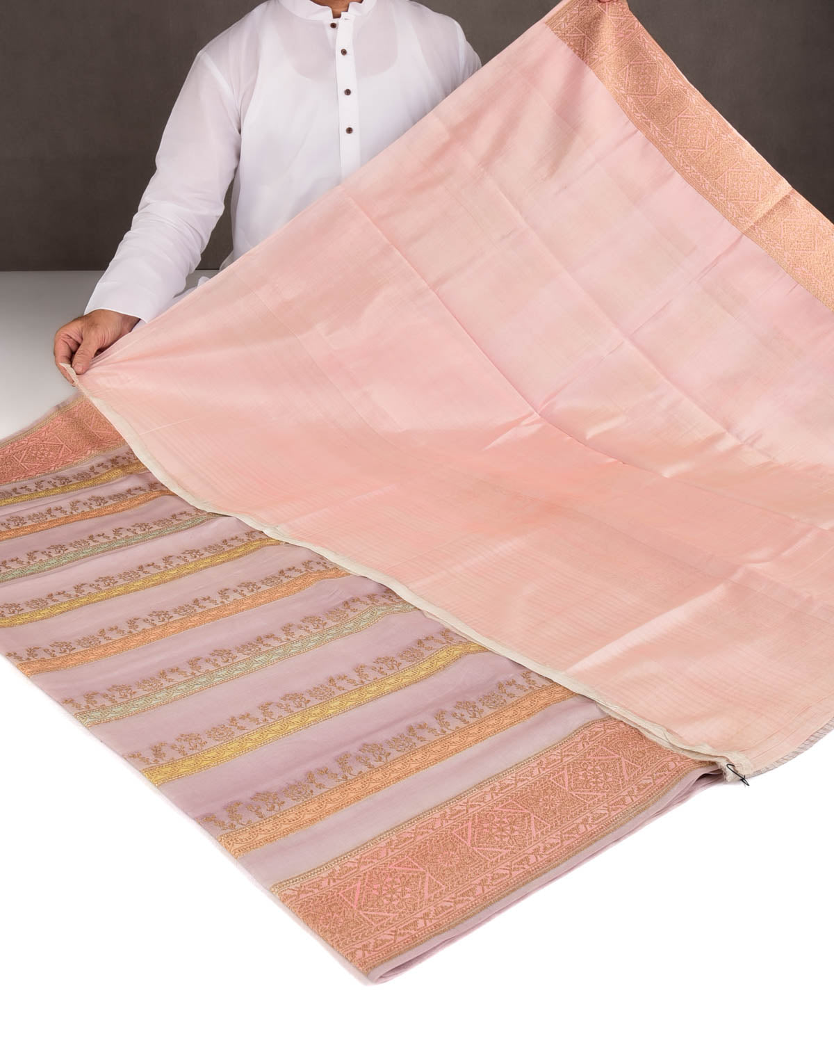Mauve Hand Brush Dye Antique Zari Cutwork Brocade Woven Spun Silk Banarasi Saree-HolyWeaves