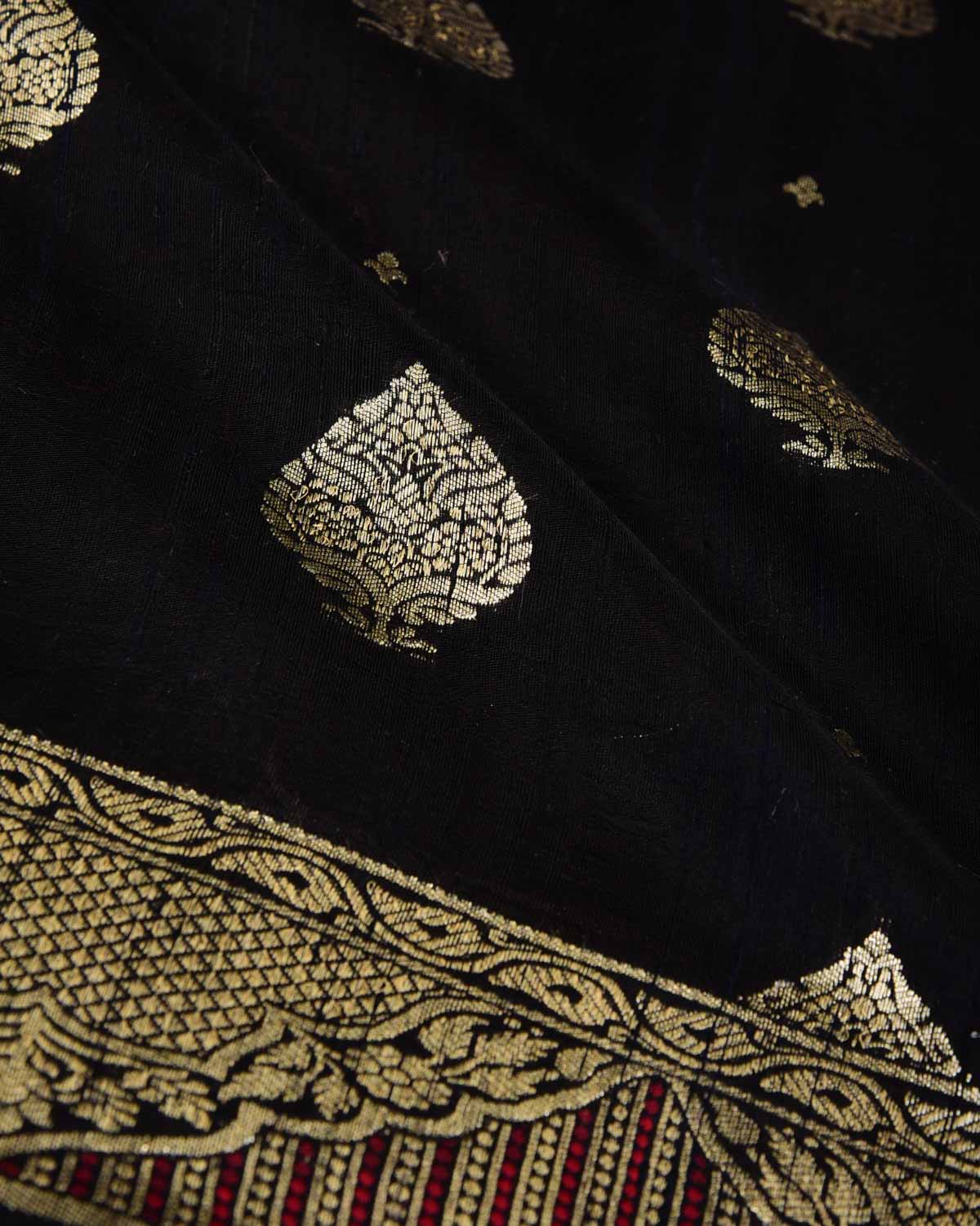 Black Spade Buta Cutwork Brocade Woven Raw Silk Banarasi Saree-HolyWeaves