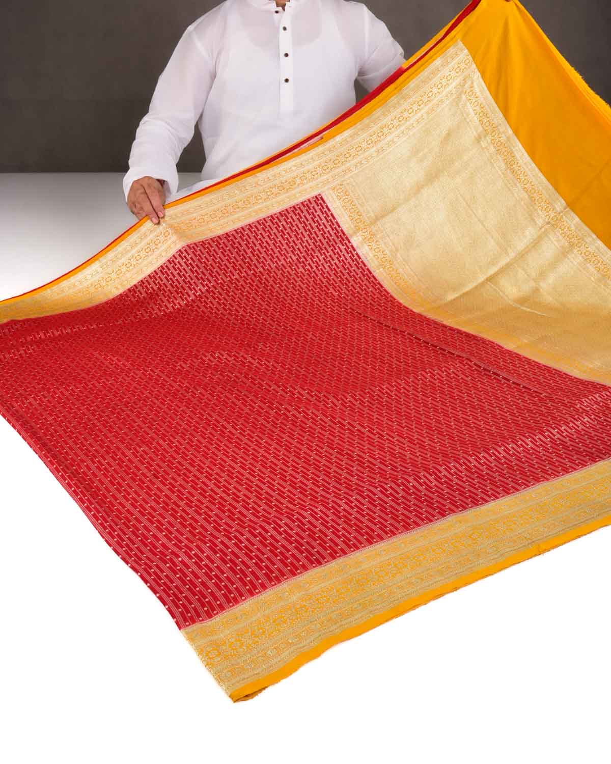 Red Gold Zari Cutwork Brocade Handwoven Khaddi Georgette Banarasi Saree with Contrast Yellow Border pallu-HolyWeaves