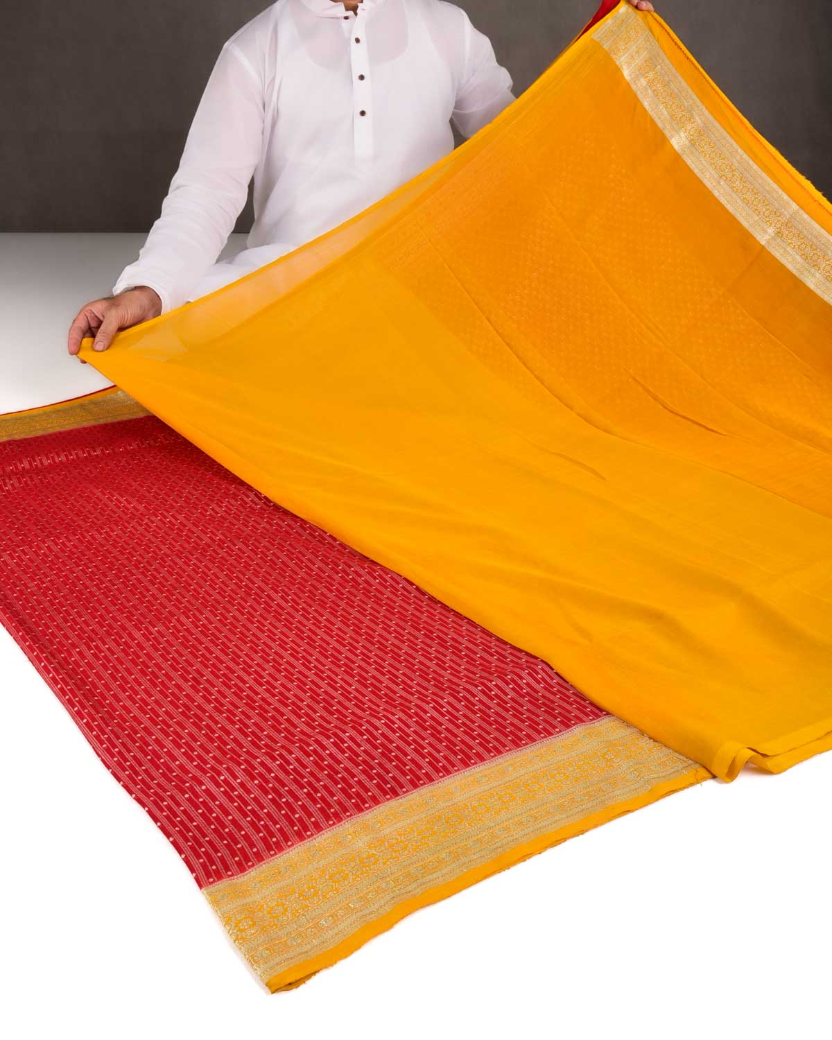 Red Gold Zari Cutwork Brocade Handwoven Khaddi Georgette Banarasi Saree with Contrast Yellow Border pallu-HolyWeaves