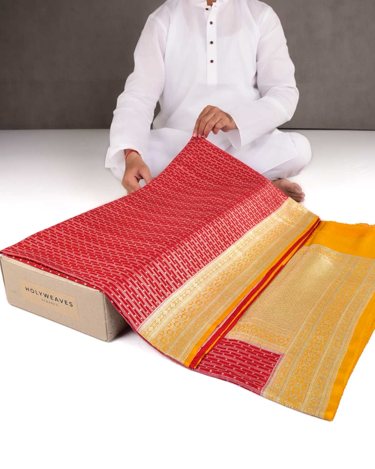 Red Gold Zari Cutwork Brocade Handwoven Khaddi Georgette Banarasi Saree with Contrast Yellow Border pallu-HolyWeaves