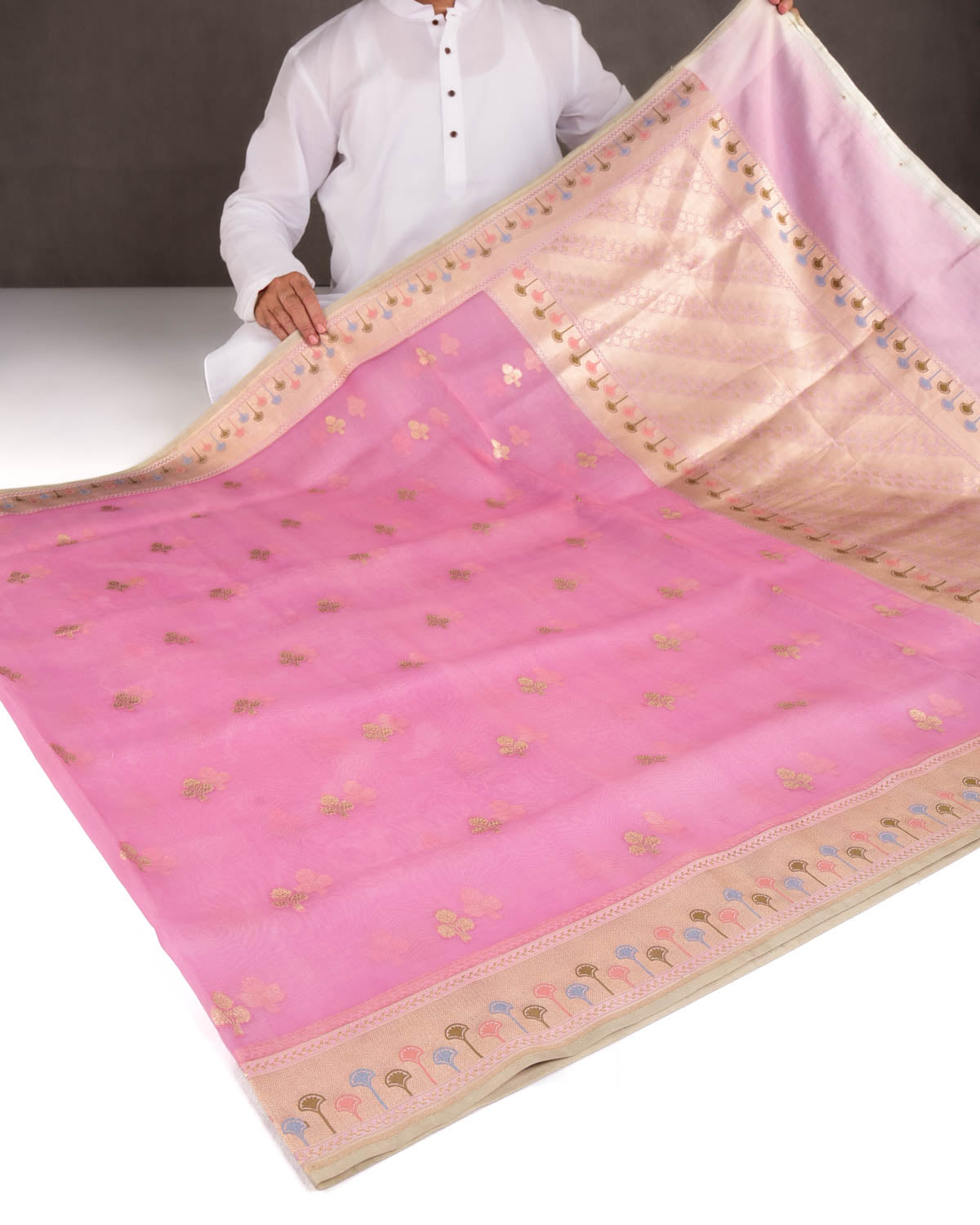 Mauve Gold Zari Cutwork Brocade Handwoven Kora Silk Banarasi Saree with Satin Meenekari Border Pallu-HolyWeaves