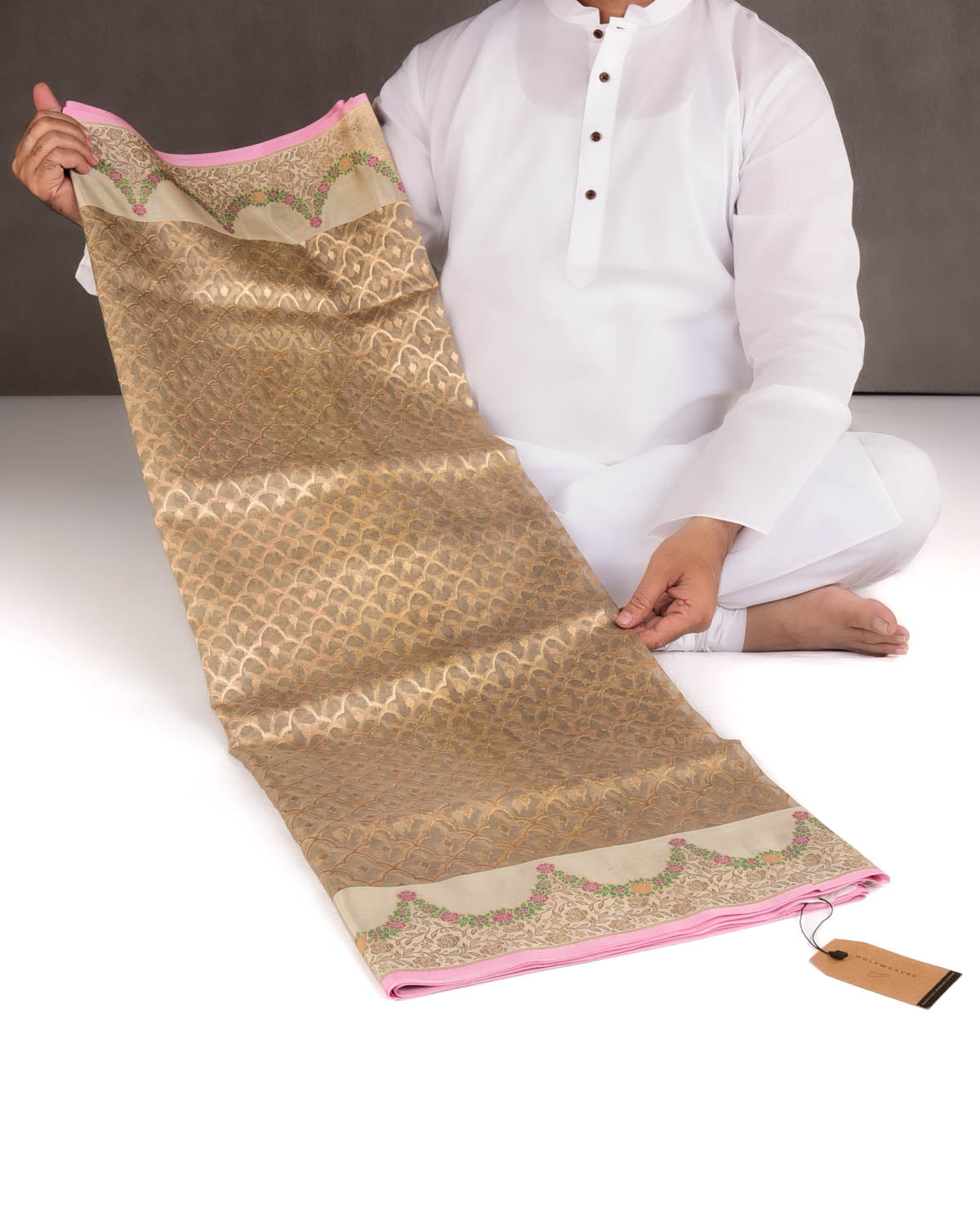 Stone Gray Gold Zari Cutwork Brocade Handwoven Kora Silk Banarasi Saree with Satin Meenekari Border Pallu-HolyWeaves