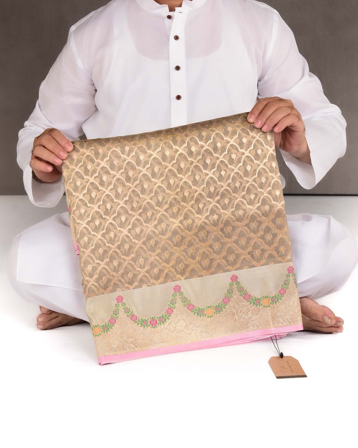 Stone Gray Gold Zari Cutwork Brocade Handwoven Kora Silk Banarasi Saree with Satin Meenekari Border Pallu-HolyWeaves