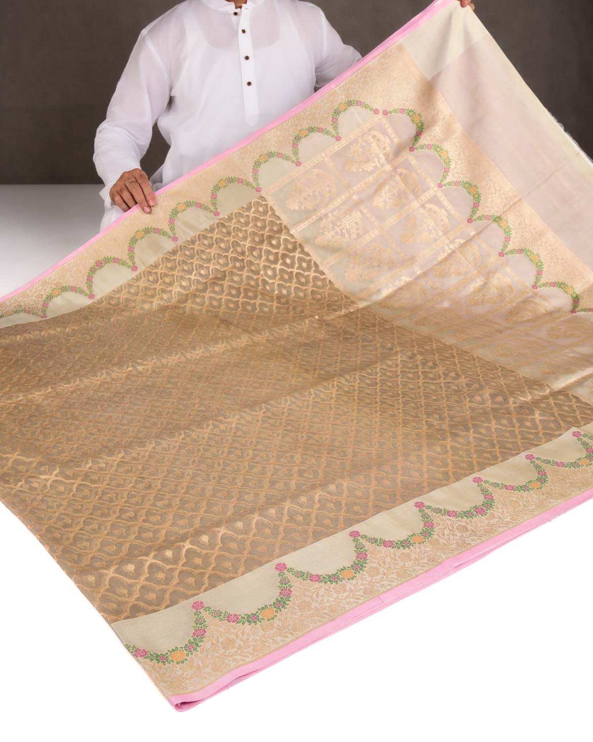 Stone Gray Gold Zari Cutwork Brocade Handwoven Kora Silk Banarasi Saree with Satin Meenekari Border Pallu-HolyWeaves