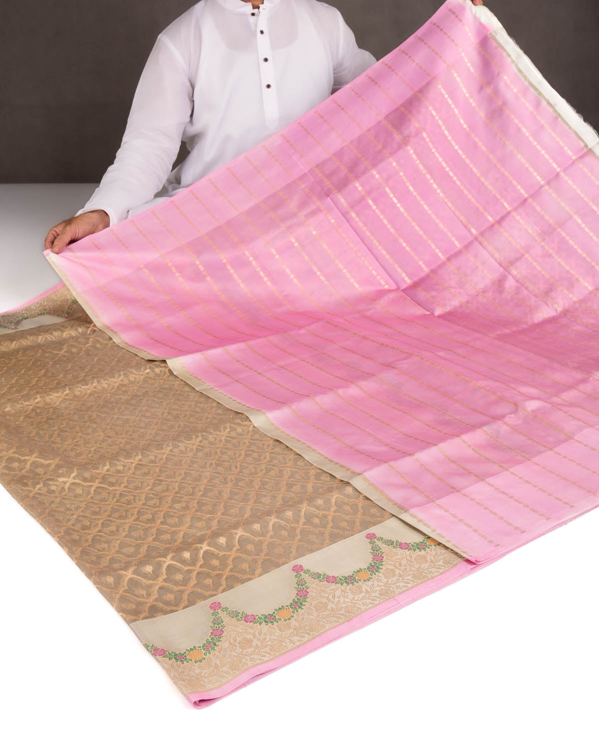 Stone Gray Gold Zari Cutwork Brocade Handwoven Kora Silk Banarasi Saree with Satin Meenekari Border Pallu-HolyWeaves