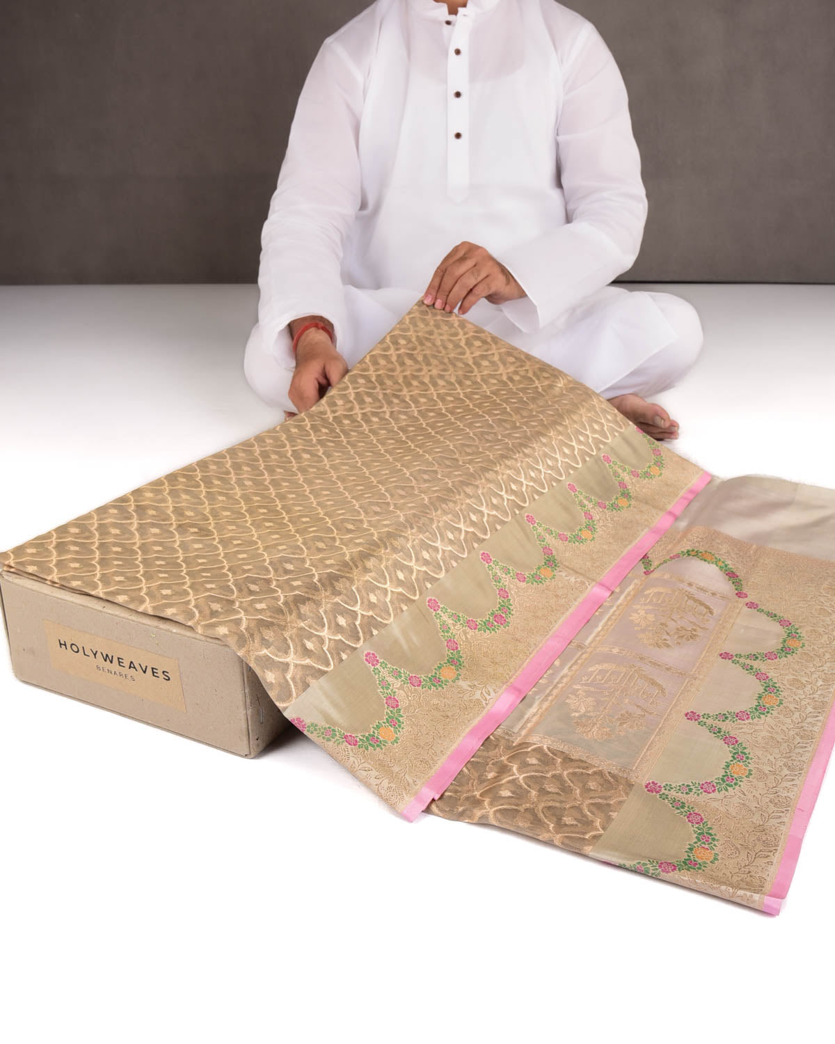 Stone Gray Gold Zari Cutwork Brocade Handwoven Kora Silk Banarasi Saree with Satin Meenekari Border Pallu-HolyWeaves